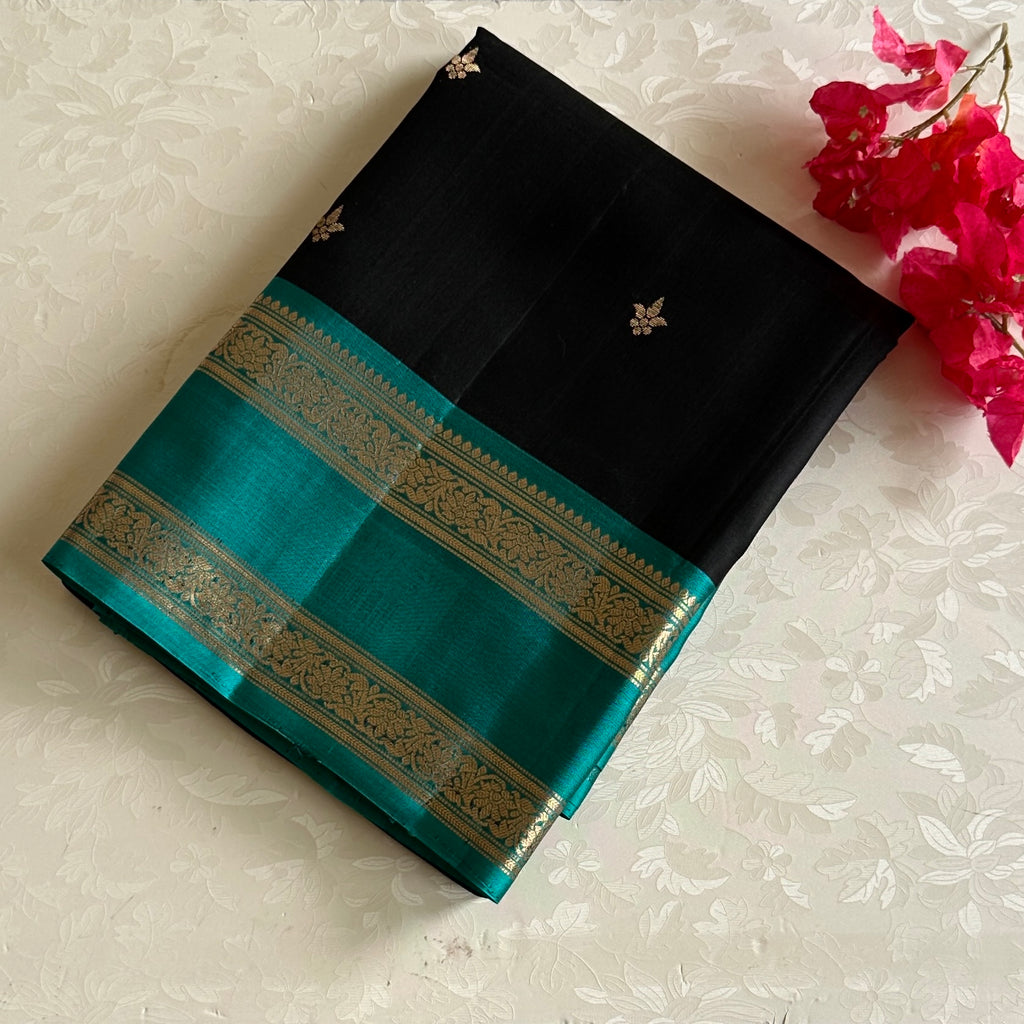 Jet Black Designer Pure Silk Saree Teal Blue Zari Border Contrast Pallu