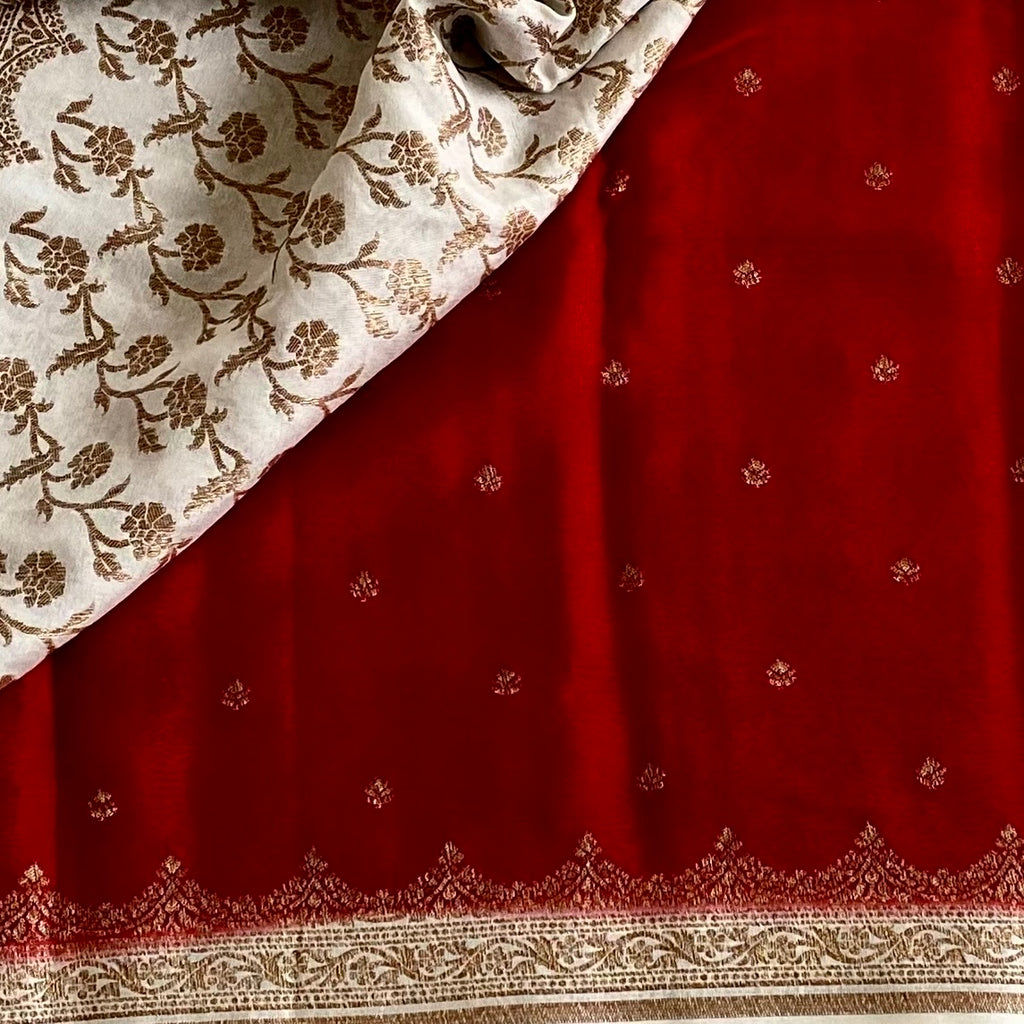 Crimson Red Banarasi Crepe Silk Saree With Ivory Pallu
