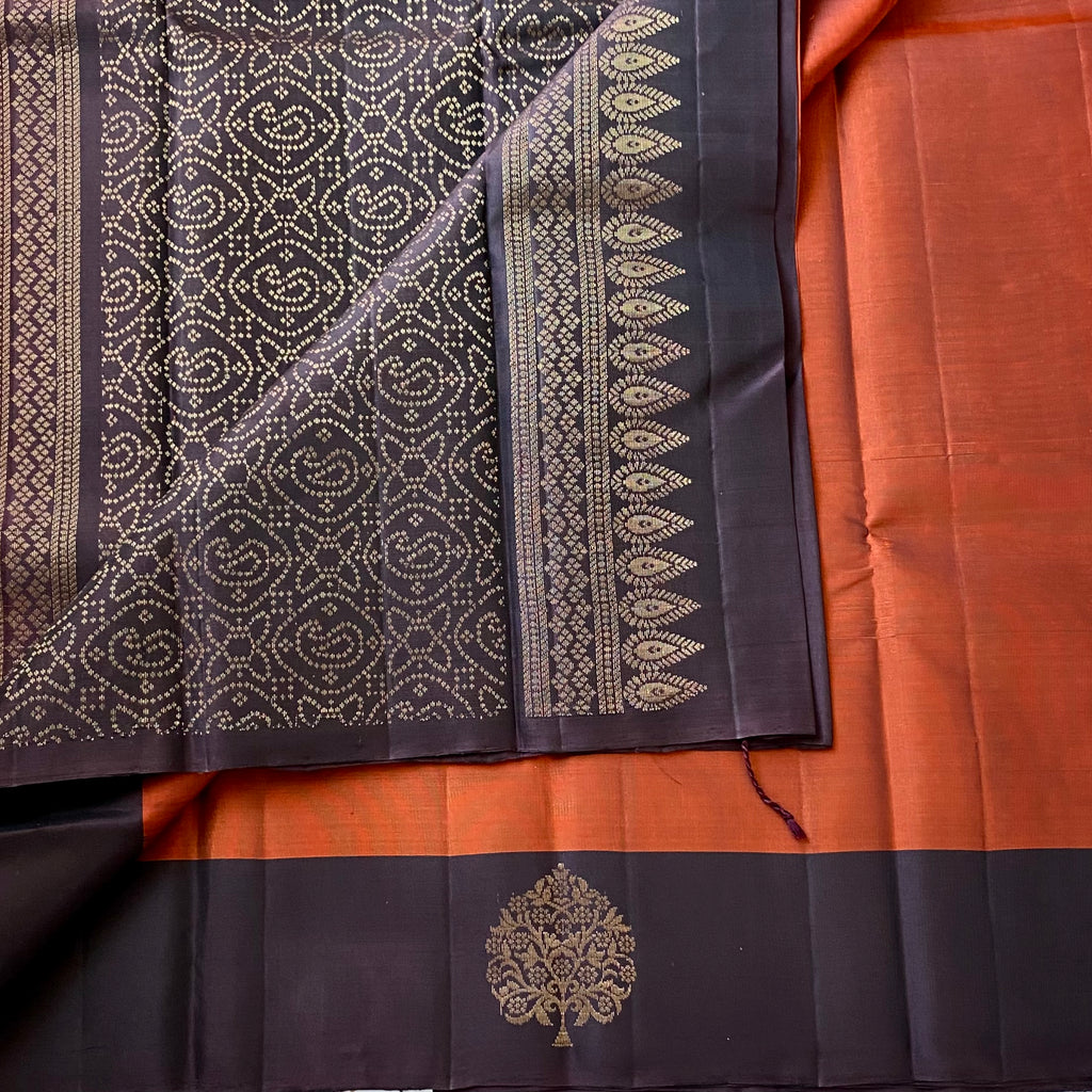 Deep Indigo Rust Orange Silk Saree Antique Gold Zari Border