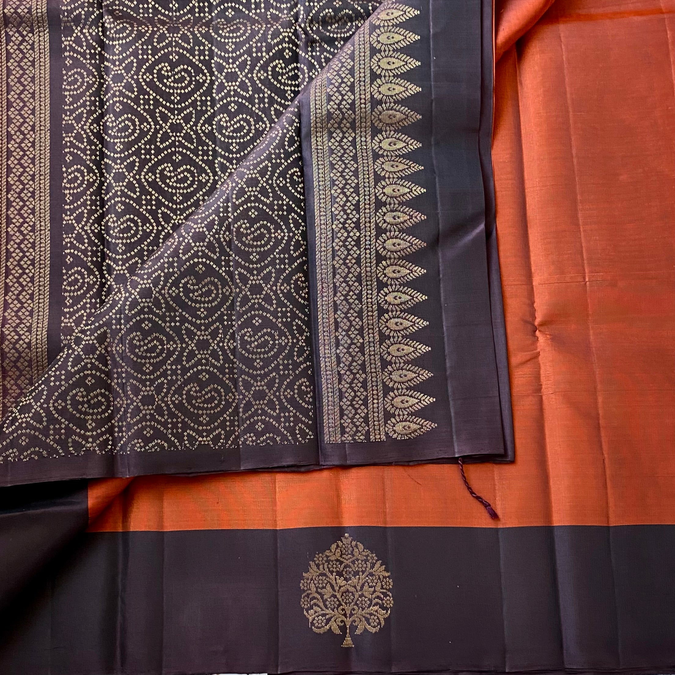 Deep Indigo Rust Orange Silk Saree Antique Gold Zari Border