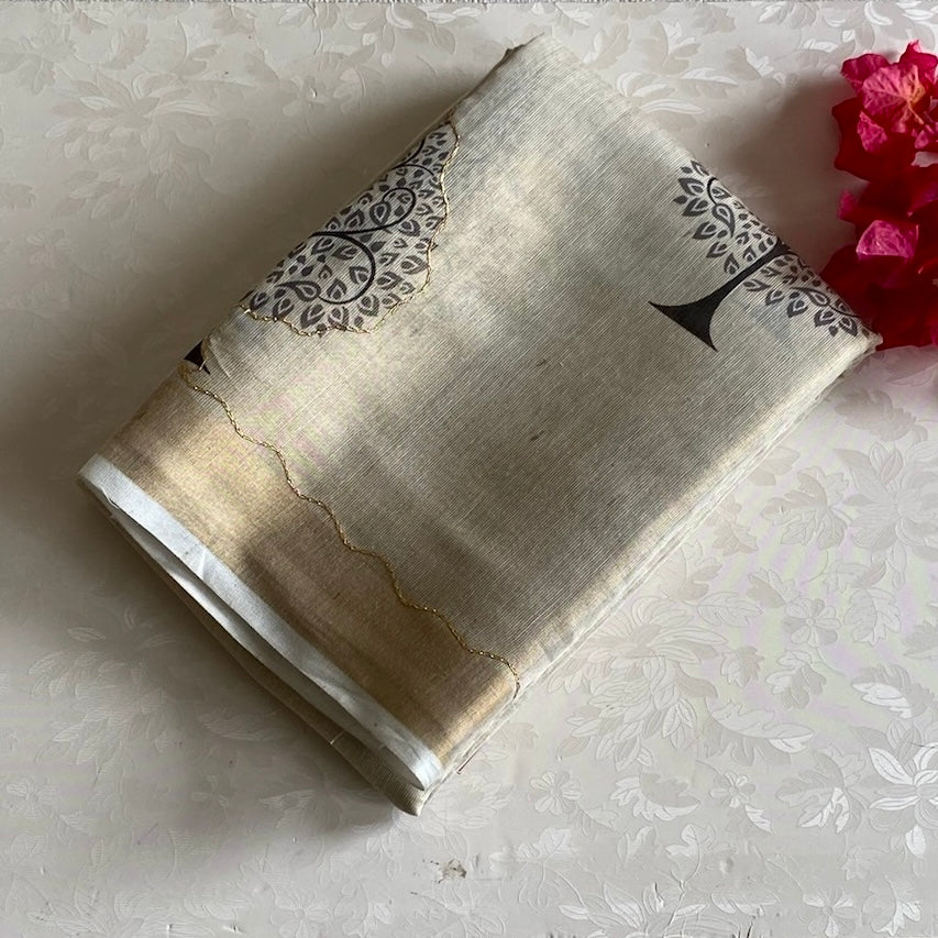 Muted Greyish Beige Soft Tussar Saree With Printed Designer Blouse