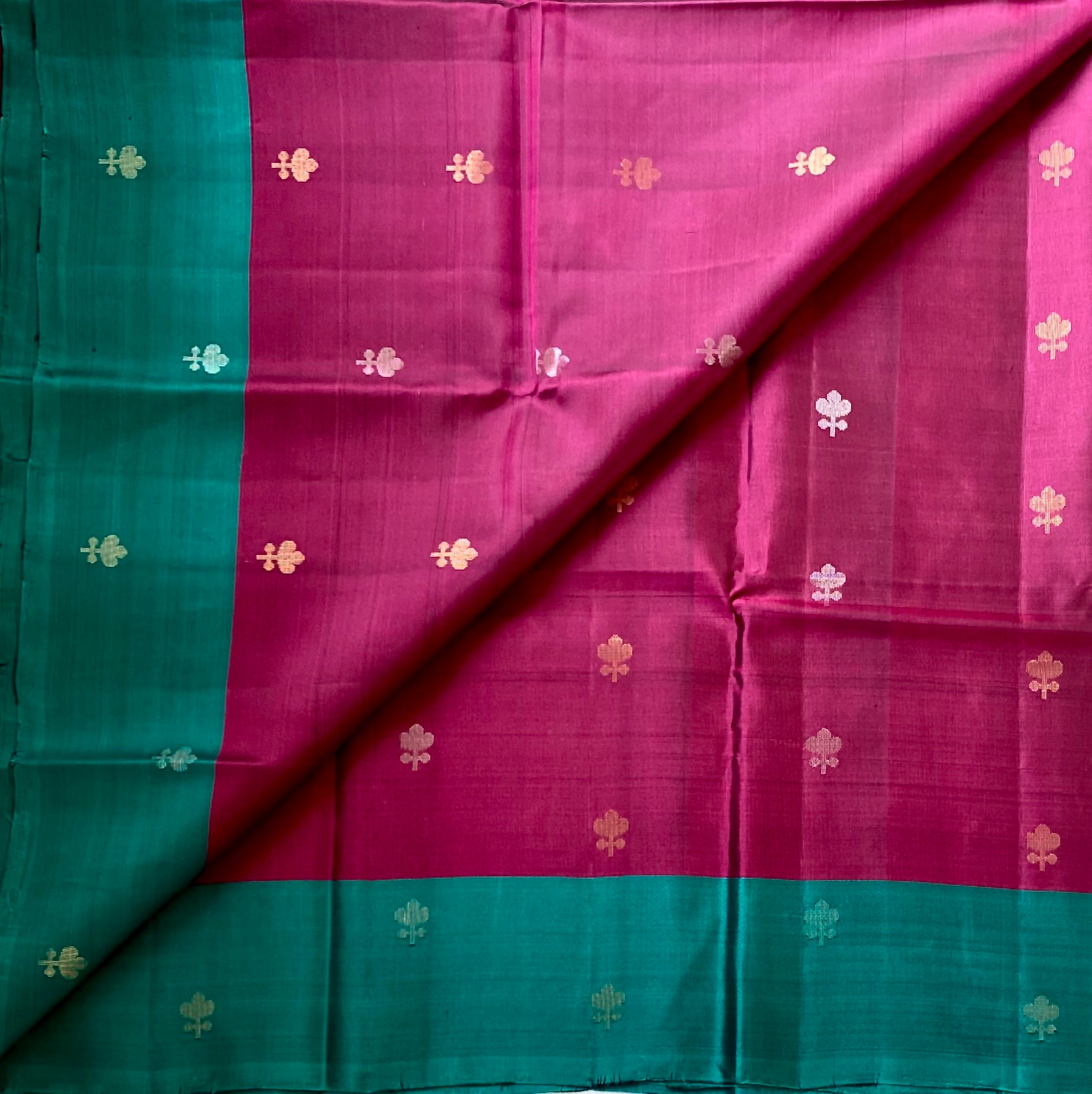 Peacock Teal Magenta Silk Saree With Antique Gold Zari Pallu