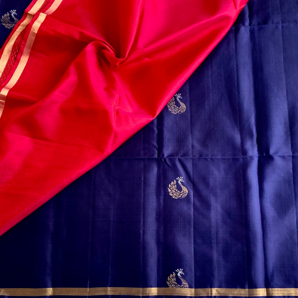 Midnight Blue Designer Pure Silk Saree With Rani Pink Pallu