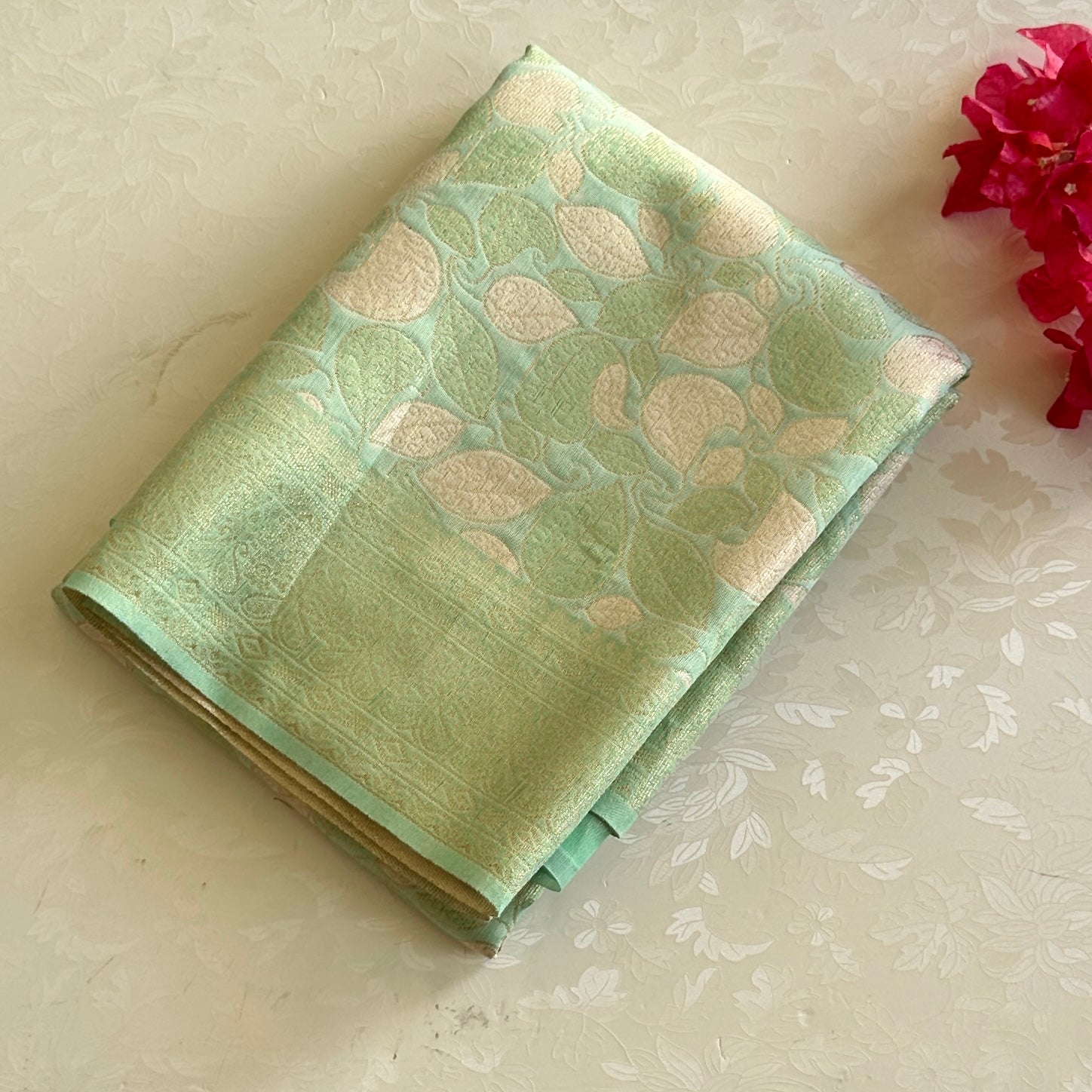 Mint Green Blush Pink Leaf Brocade Saree With Tassel Pallu