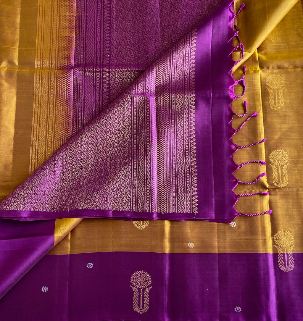 Royal Purple Designer Pure Silk Saree With Mustard Gold Contrast