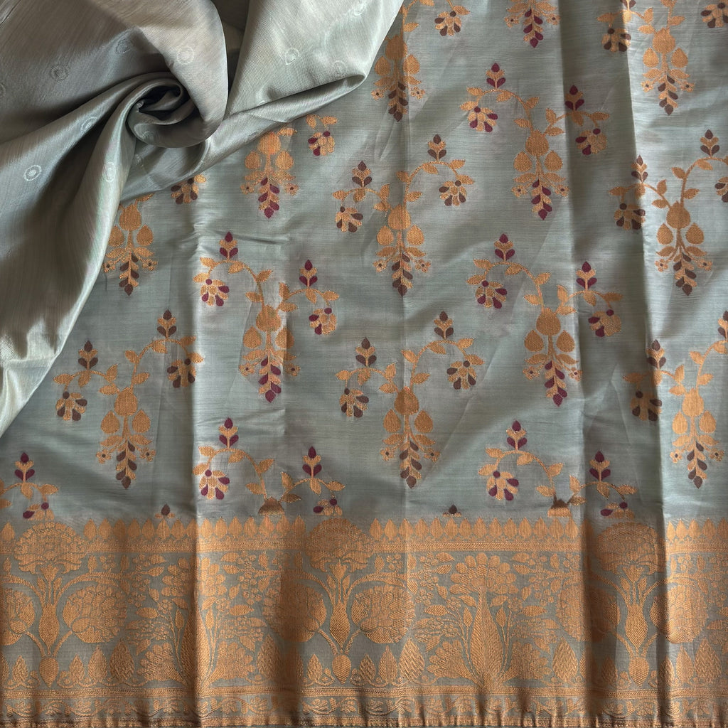 Sage Green Silk Saree Gold Brocade Floral Tassel Pallu Traditional