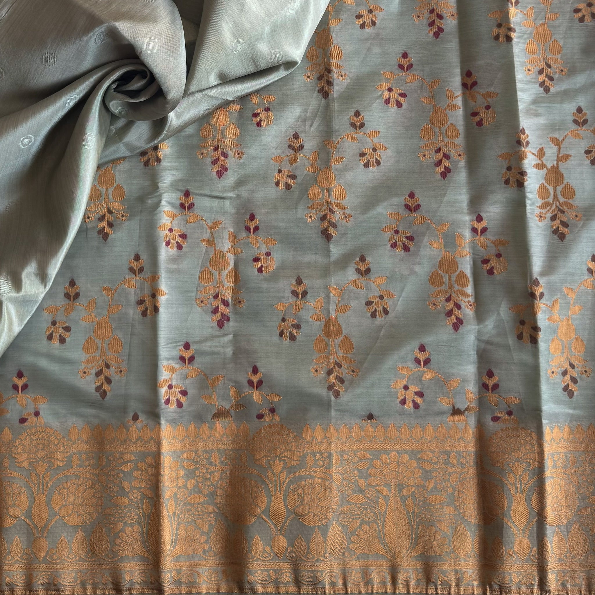 Sage Green Silk Saree Gold Brocade Floral Tassel Pallu Traditional
