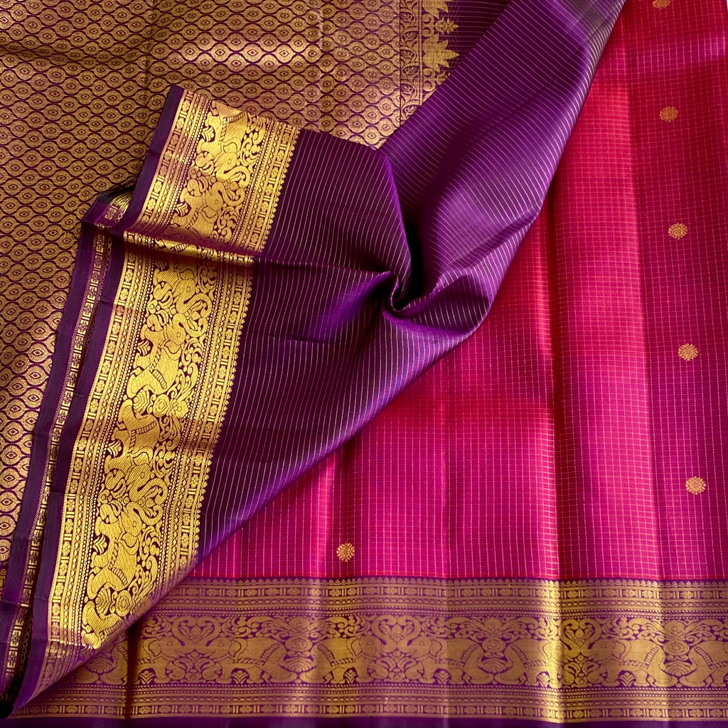 Wine Berry Pink Kanjeevaram Pure Zari Silk Saree With Royal Purple Pallu & Heritage Elephant Borders