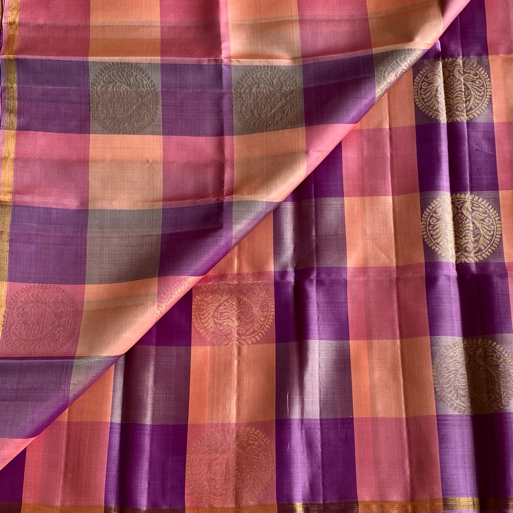 Shades of Lavender, Peach Checkered Designer Pure Silk