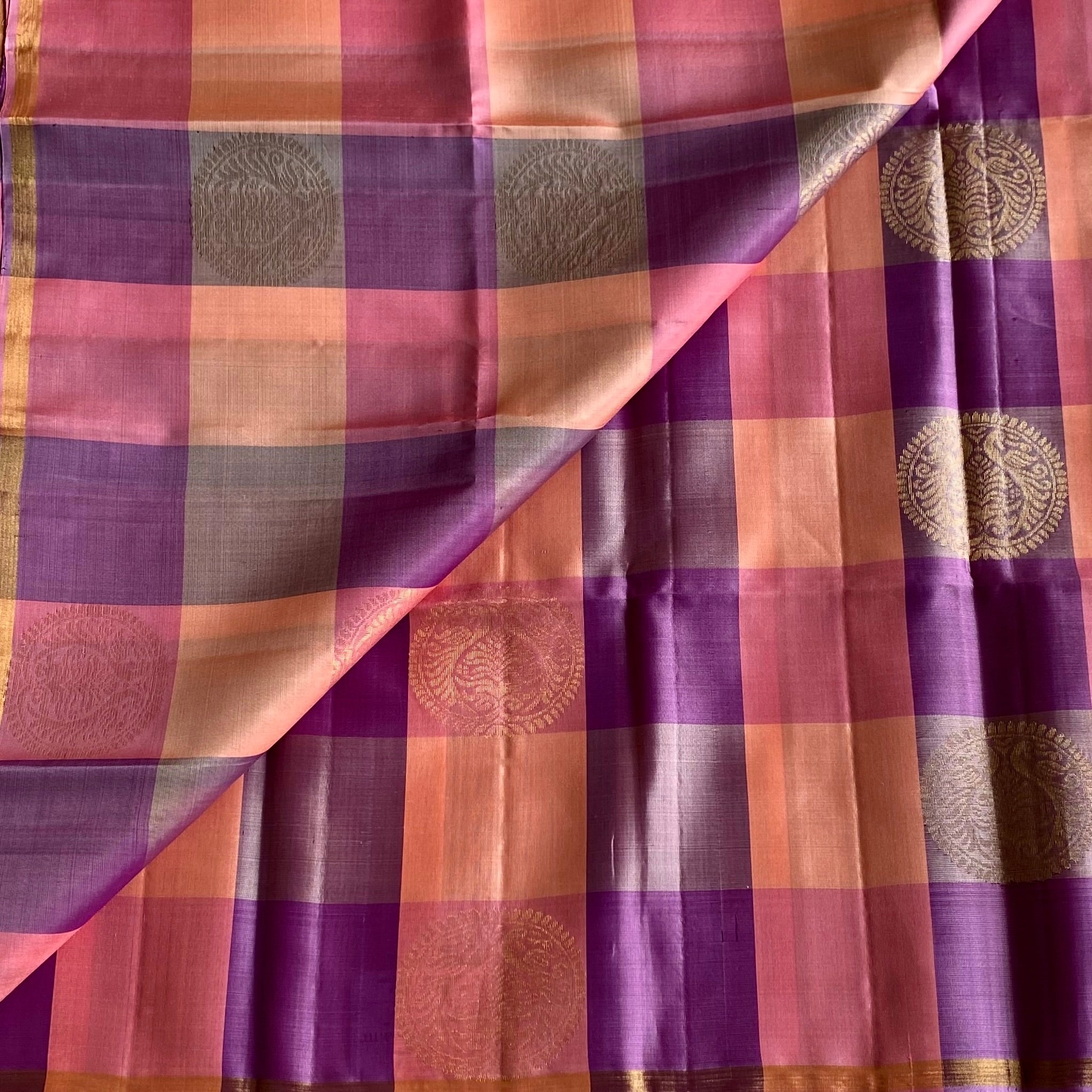 Shades of Lavender, Peach Checkered Designer Pure Silk
