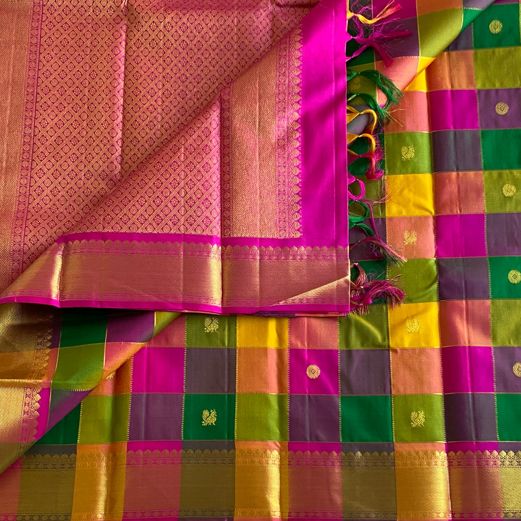 Multi checkered Handwoven Designer Pure Zari Kanjeevaram