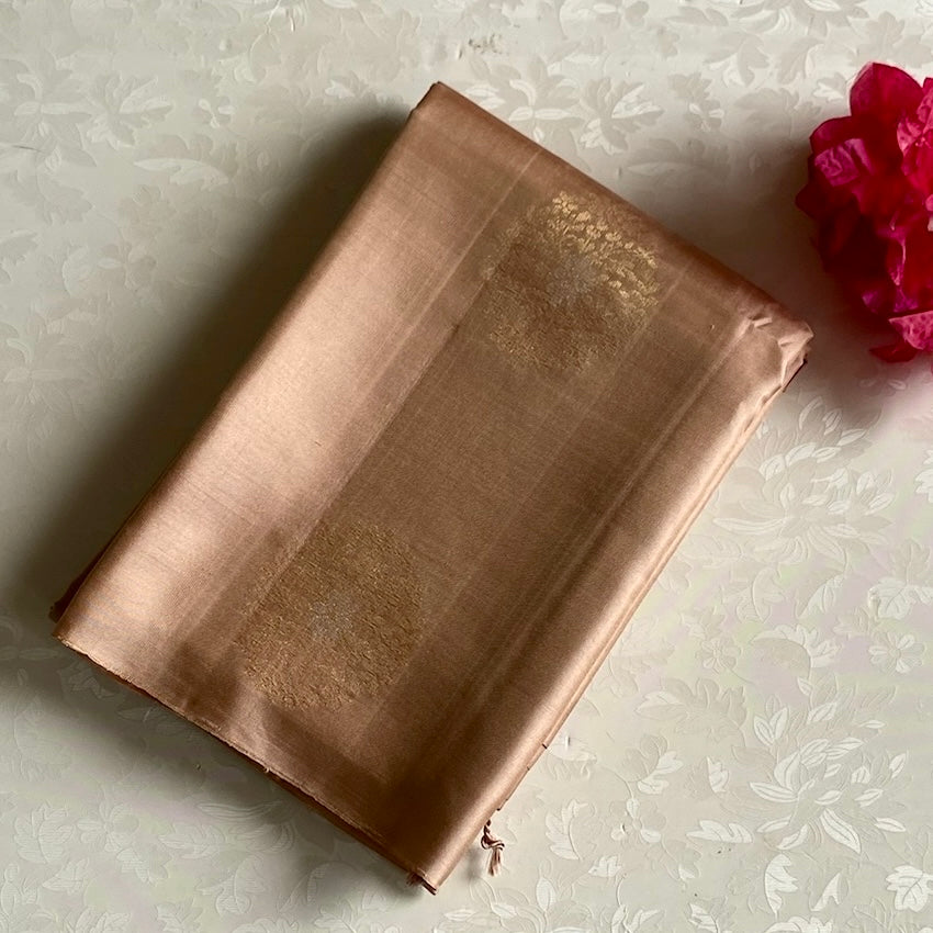Champagne Designer Pure Silk Saree With Antique Gold Buttas