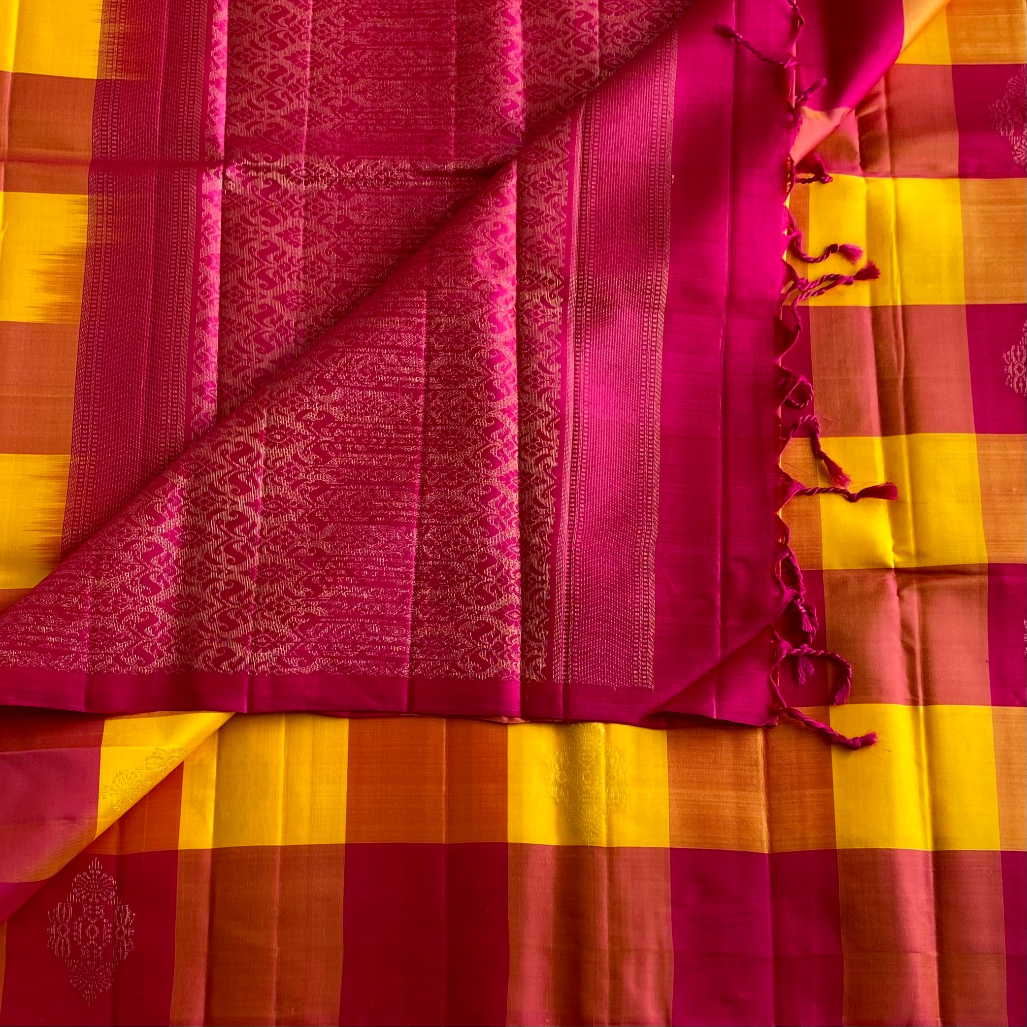 Rani n Sunflower Checkered Designer Pure Silk Saree With Rani Pink Contrast