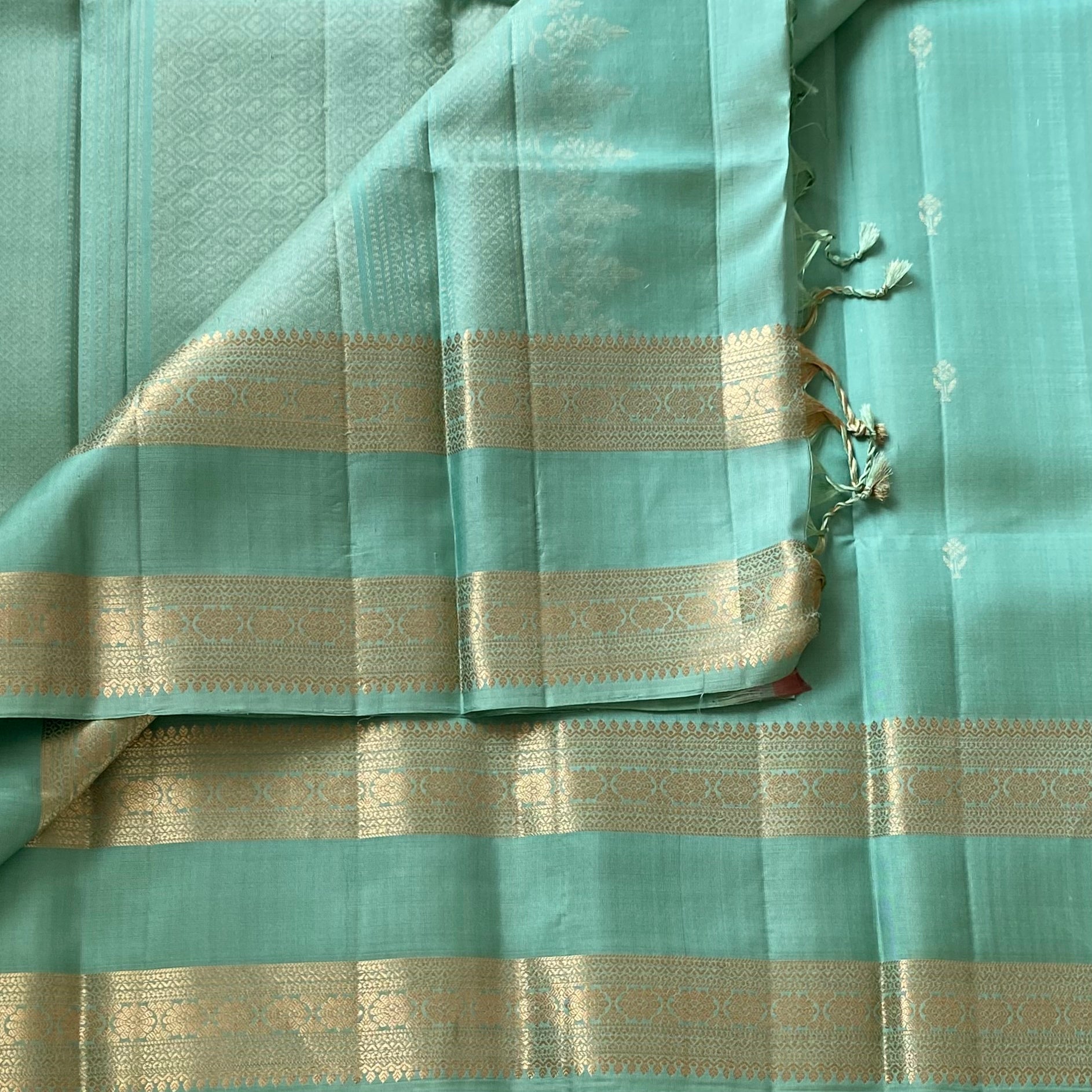 Pistachio Green Designer Pure Silk Saree Antique Gold Brocade Border