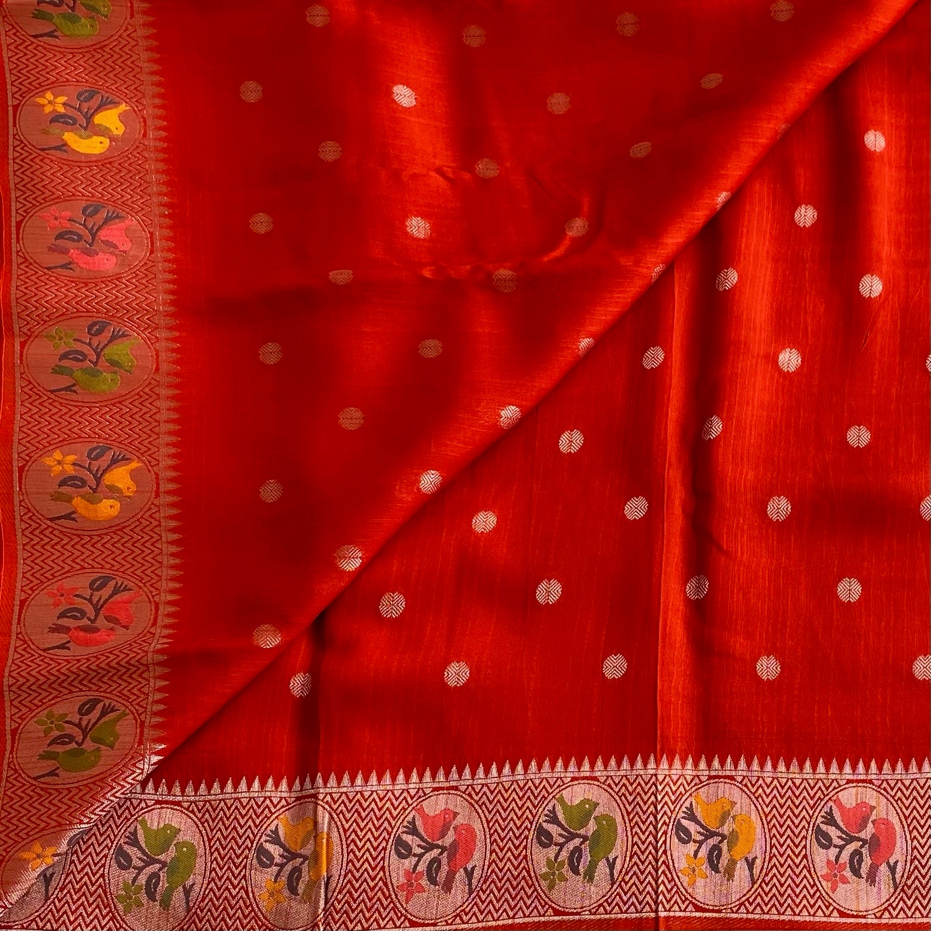 Vermilion Red Soft Tussar Silk Saree With Mustard Yellow Border