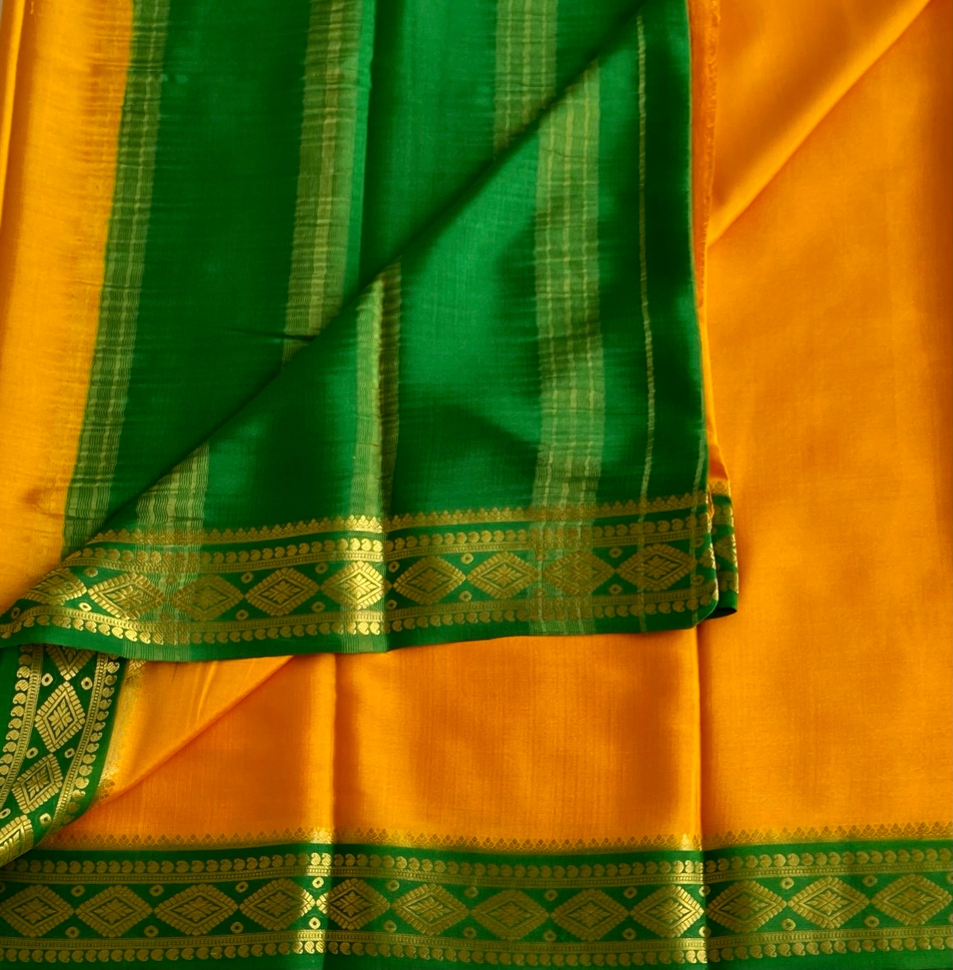 Mustard Yellow Mysore Crepe Silk Saree With Emerald Green Border Gold Zari