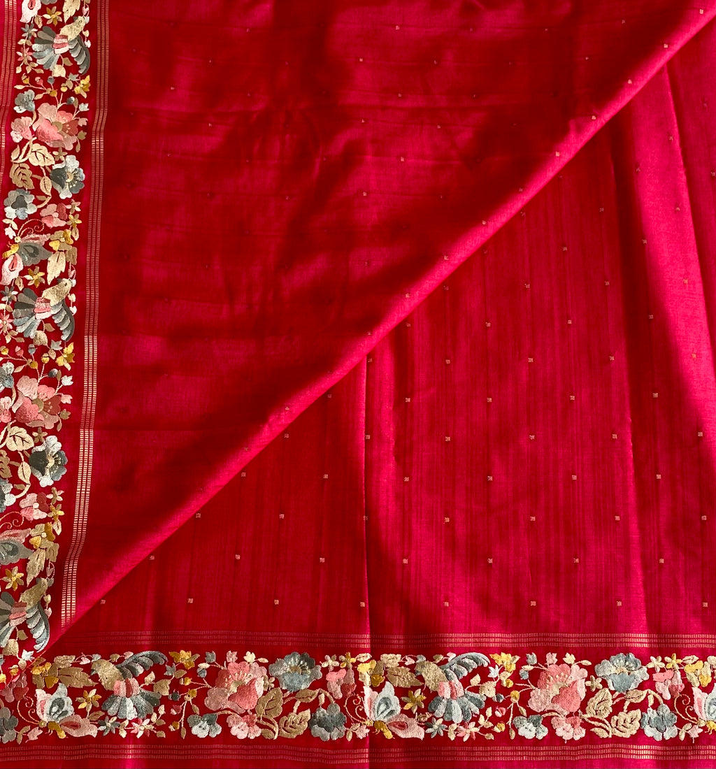 Tomato Pink Soft Tussar Silk Saree With Silver Grey Embroidery