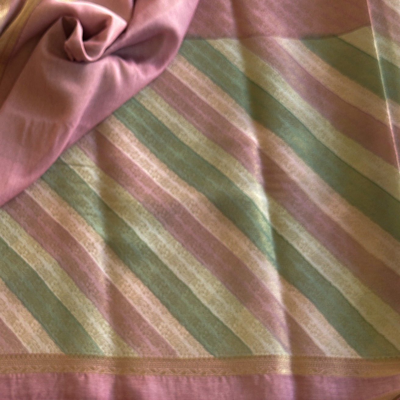 Pastel Pink Green Silk Saree Diagonal Stripes Floral Brocade Pallu