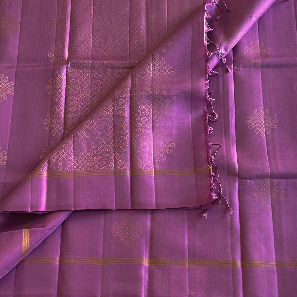 Orchid Purple Saree Antique Gold Medallion Buti Triple Stripe Border