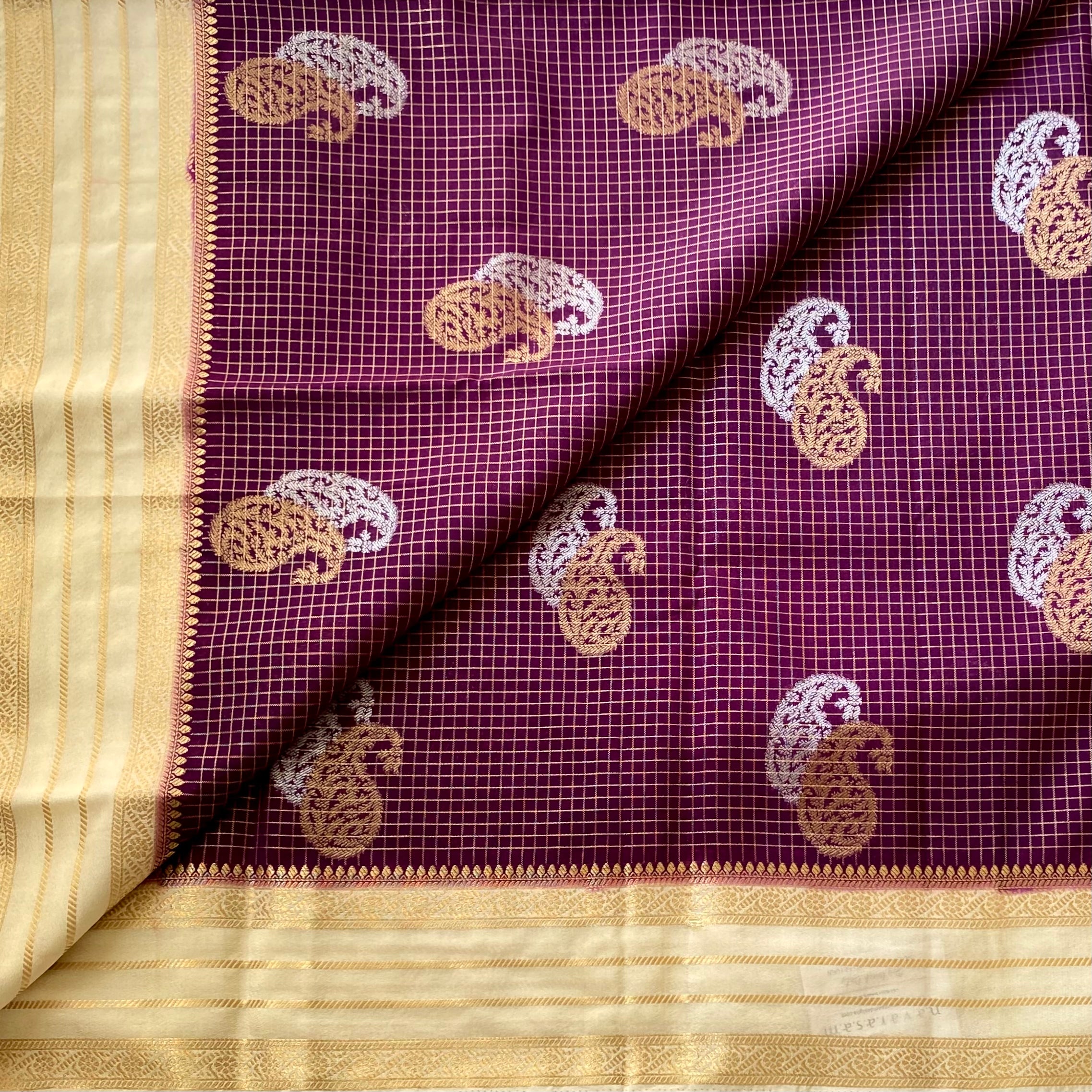 Royal Purple Banarasi Saree With Ivory Gold Pallu And Zari