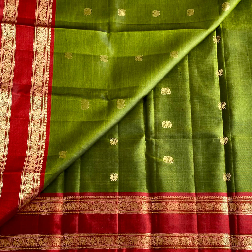 Dark Olive Green Designer Pure Silk Saree With Deep Maroon Pallu