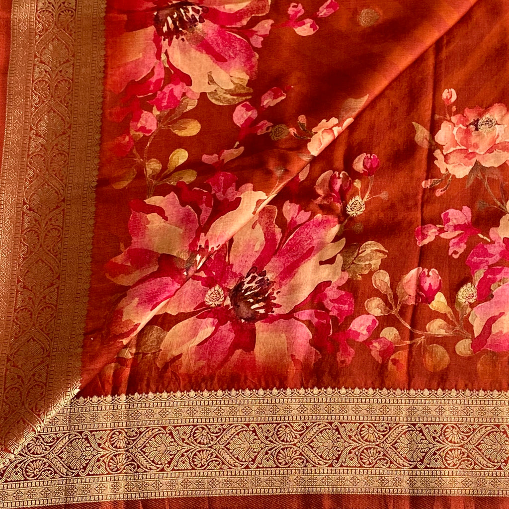 Trending Brick Orange Jute Tussar Silk With Antique Zari Pallu & Dreamy Prints