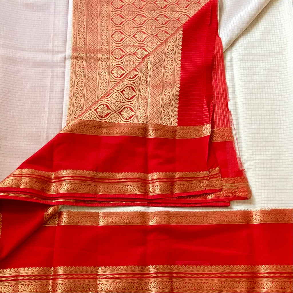 Pearl white Checked Saree Vermilion Red Gold Brocade Border Pallu Traditional