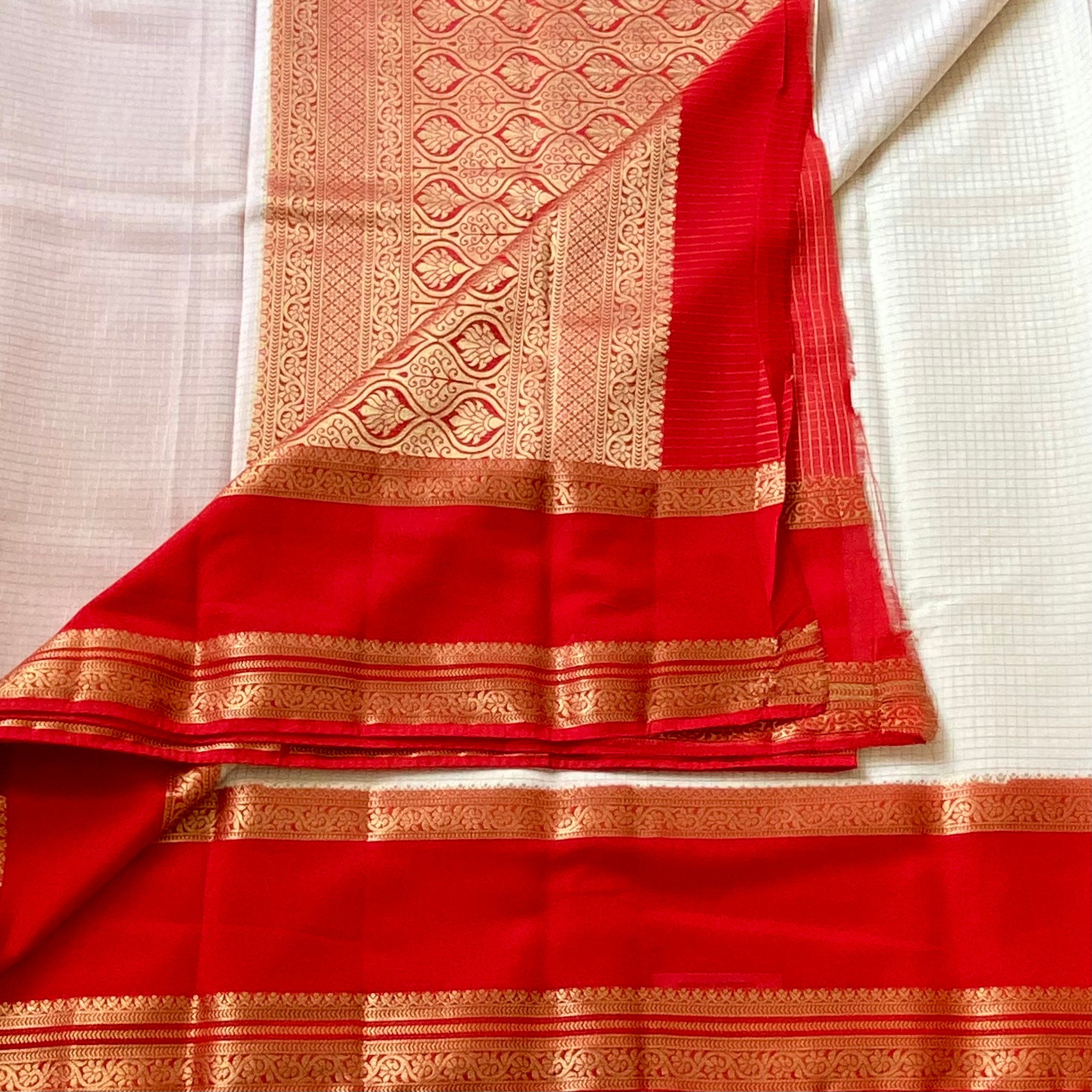 Pearl white Checked Saree Vermilion Red Gold Brocade Border Pallu Traditional