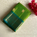 Lime Green Designer Pure Silk Saree Teal Blue Pallu Gold Zari