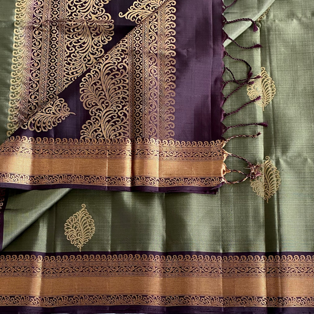 Olive Green Designer Pure Silk Saree With Deep Maroon Pallu