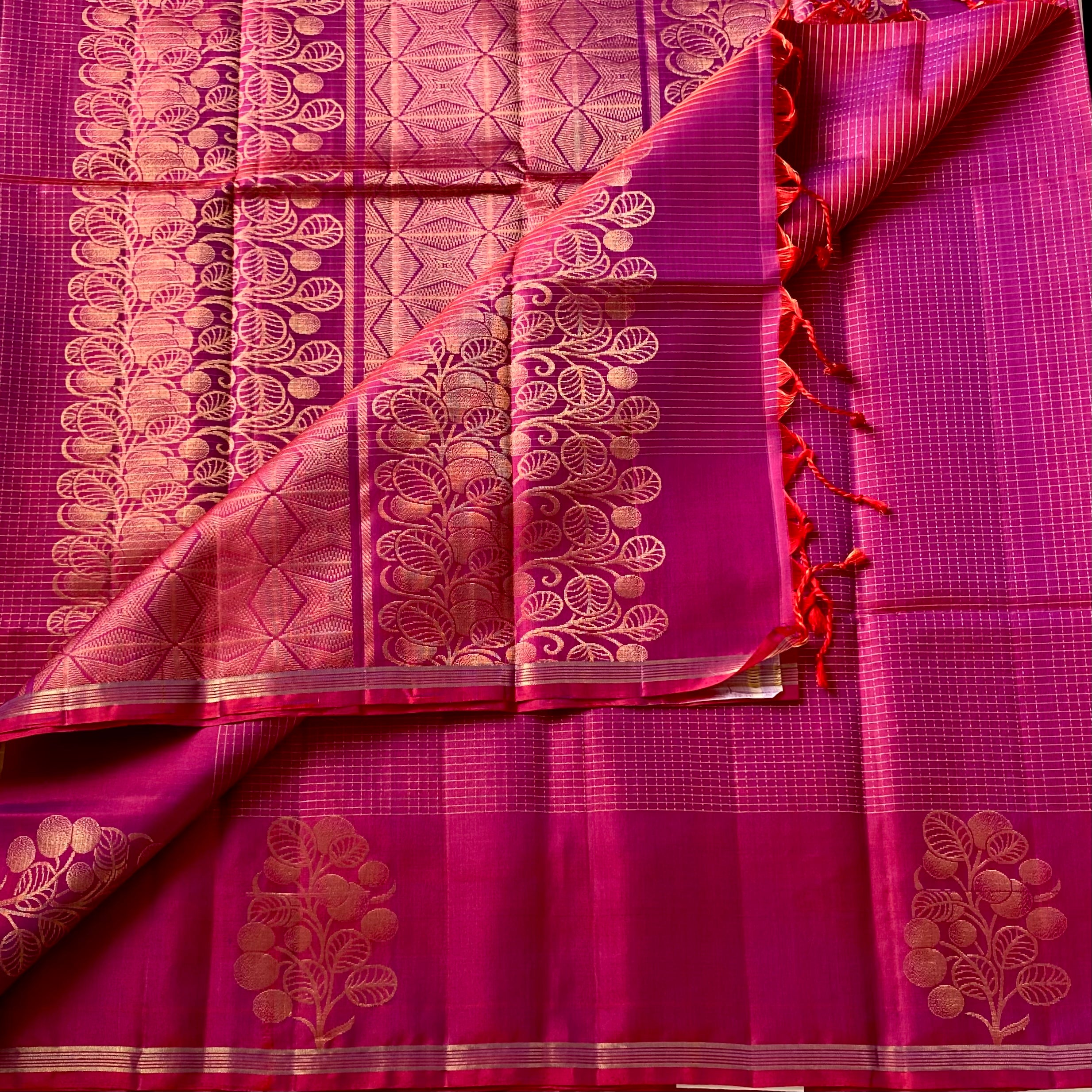 Fuchsia Gold Woven Floral Saree With Tassels For Wedding Festivities