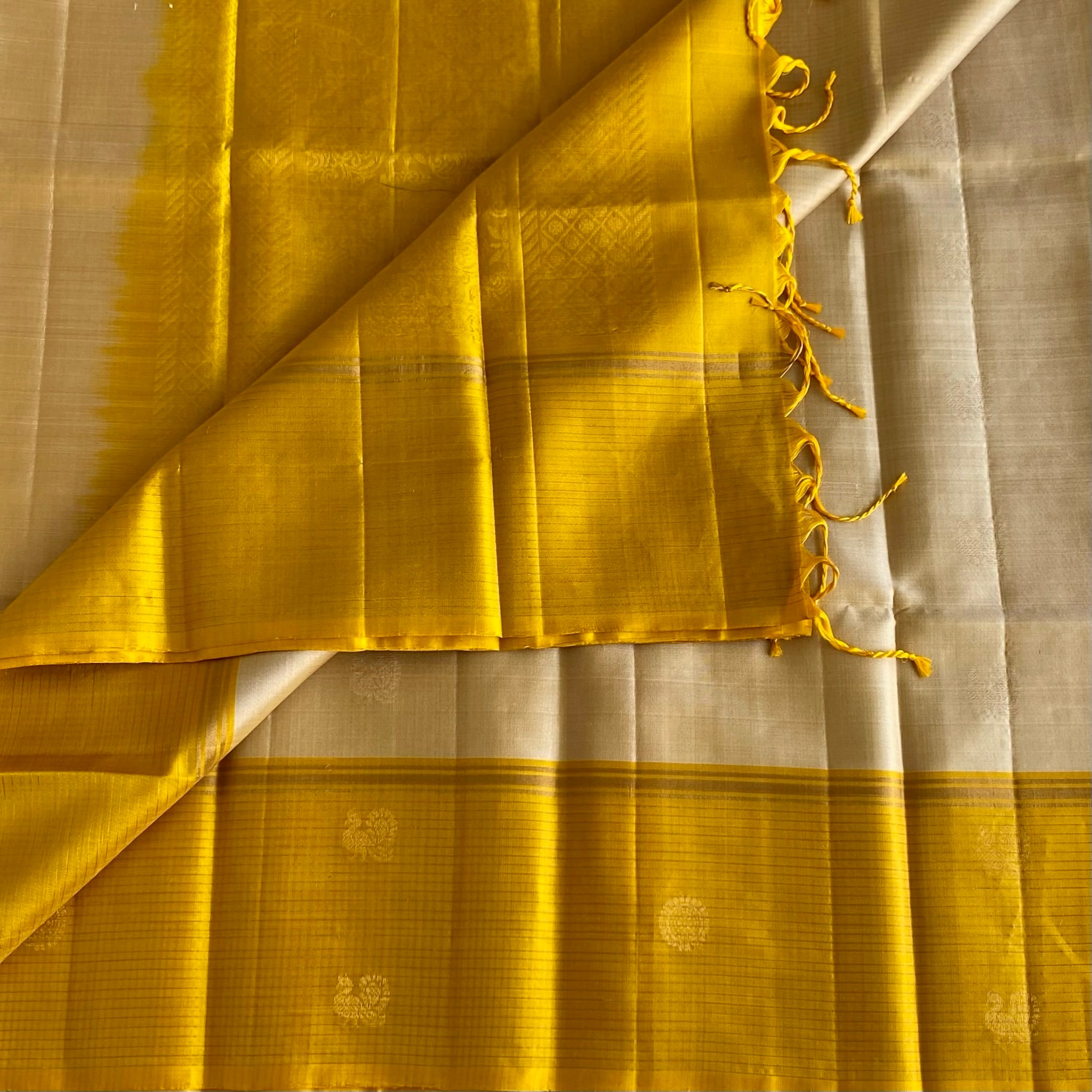 Champagne Beige Designer Pure Silk Saree With Stunner Mango Yellow Border