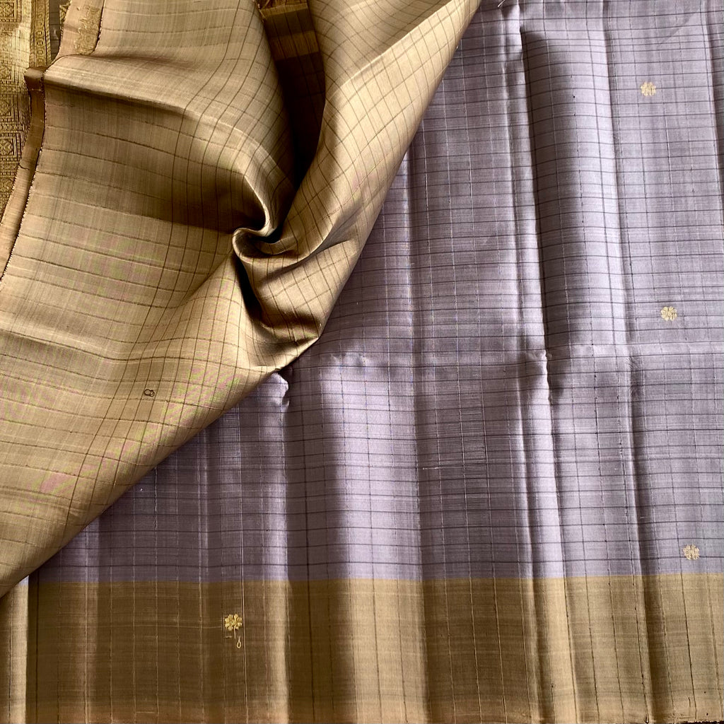 Smoky Greyish Lavender Designer Pure Silk Saree With Antique Gold Pallu