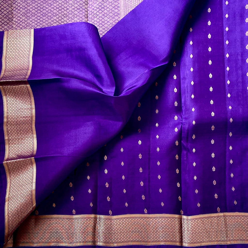 Royal Purple Silk Saree with Rose Gold Zari Lattice Border