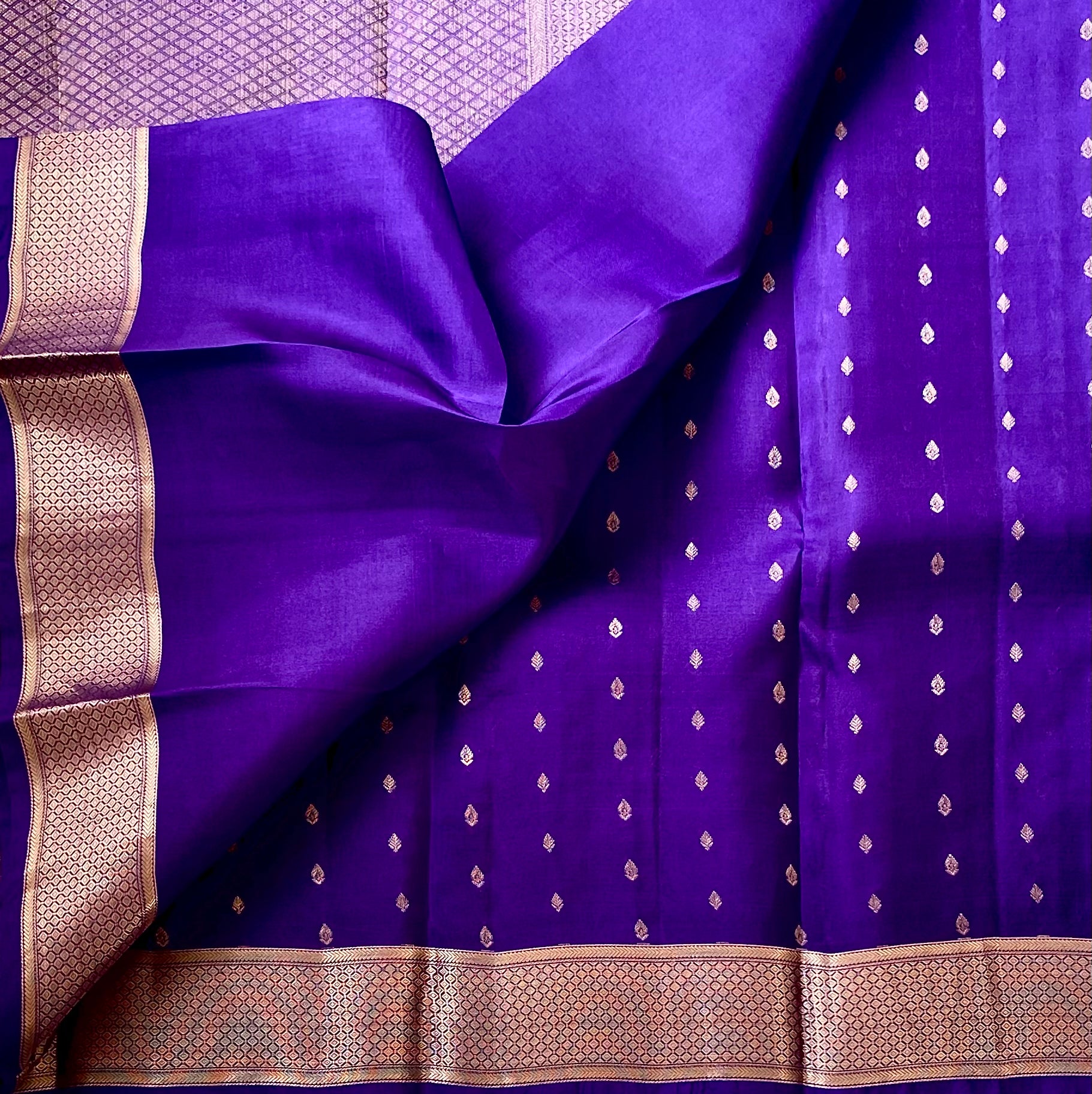 Royal Purple Silk Saree with Rose Gold Zari Lattice Border