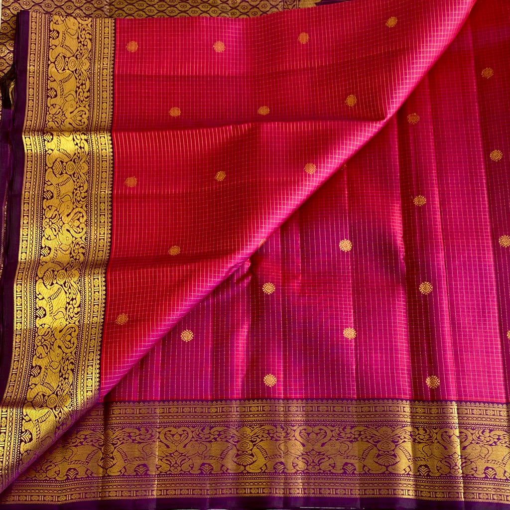 Wine Berry Pink Kanjeevaram Pure Zari Silk Saree With Royal Purple Pallu & Heritage Elephant Borders