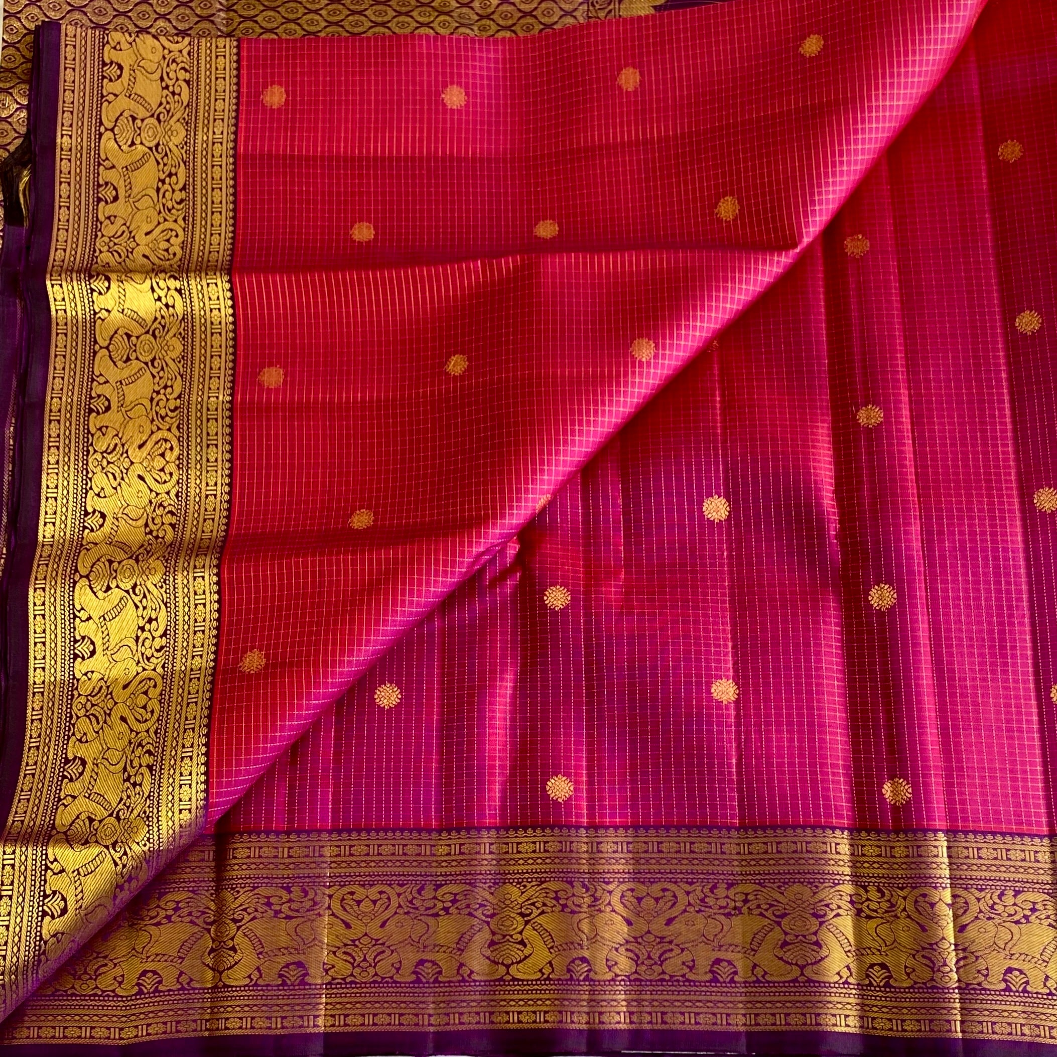 Wine Berry Pink Kanjeevaram Pure Zari Silk Saree With Royal Purple Pallu & Heritage Elephant Borders
