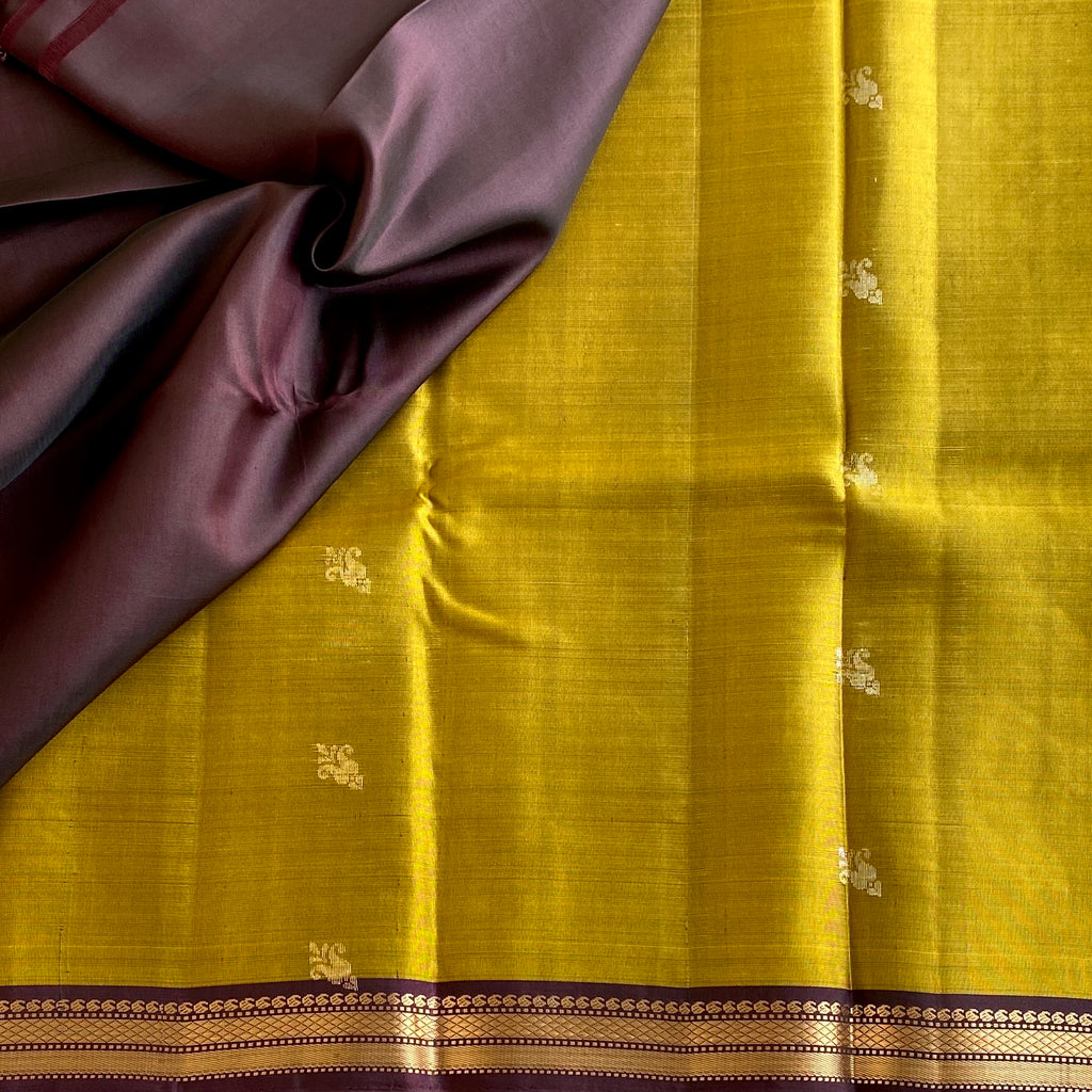 Mustard Yellow Designer Pure Silk Saree With Wine Purple Pallu