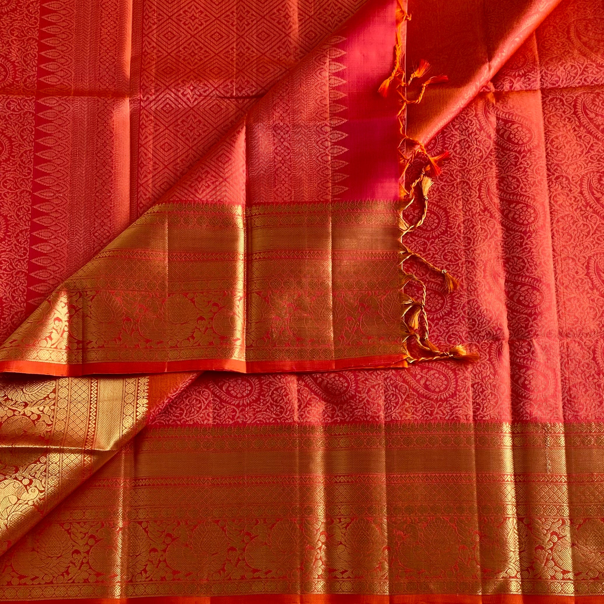 Kanakambari Orange Brocade Designer Pure Silk With Gold Diamond Buta Border