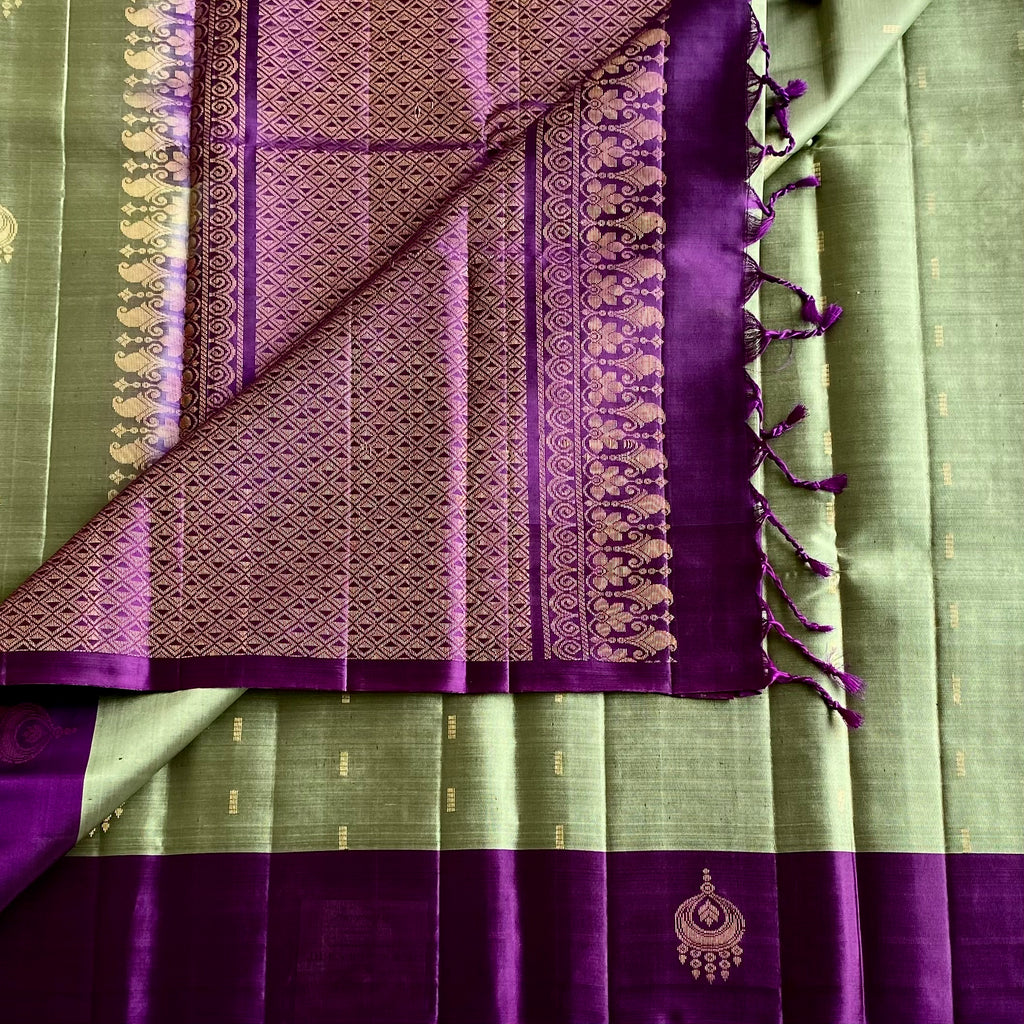 Sage Green Designer Pure Silk Saree With Royal Purple Pallu