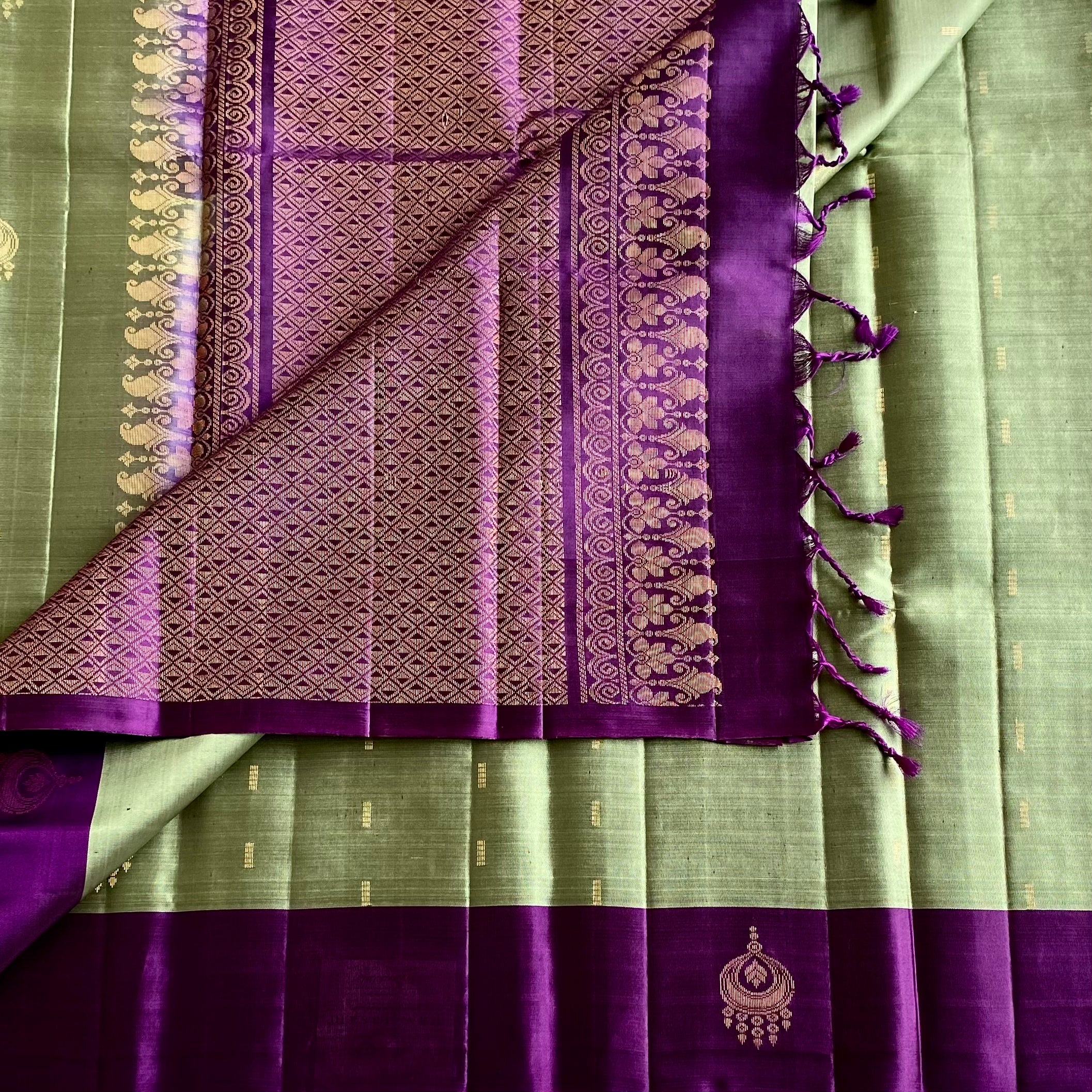 Sage Green Designer Pure Silk Saree With Royal Purple Pallu