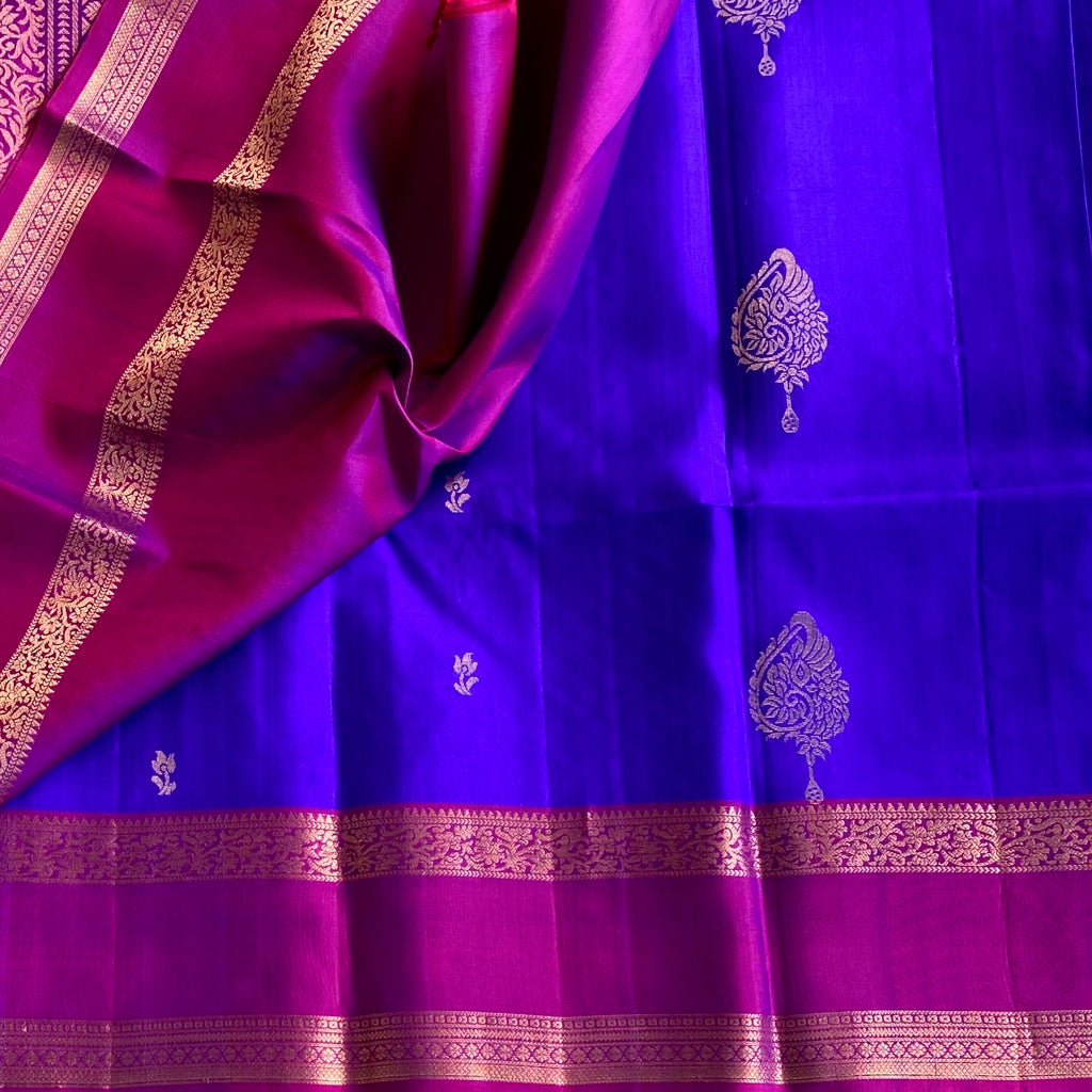 Ink Blue Designer Pure Silk Saree With Magenta Pallu