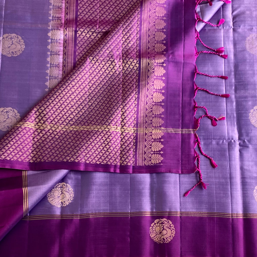 Metallic Lavender Designer Pure Silk Saree With Deep Plum Pallu