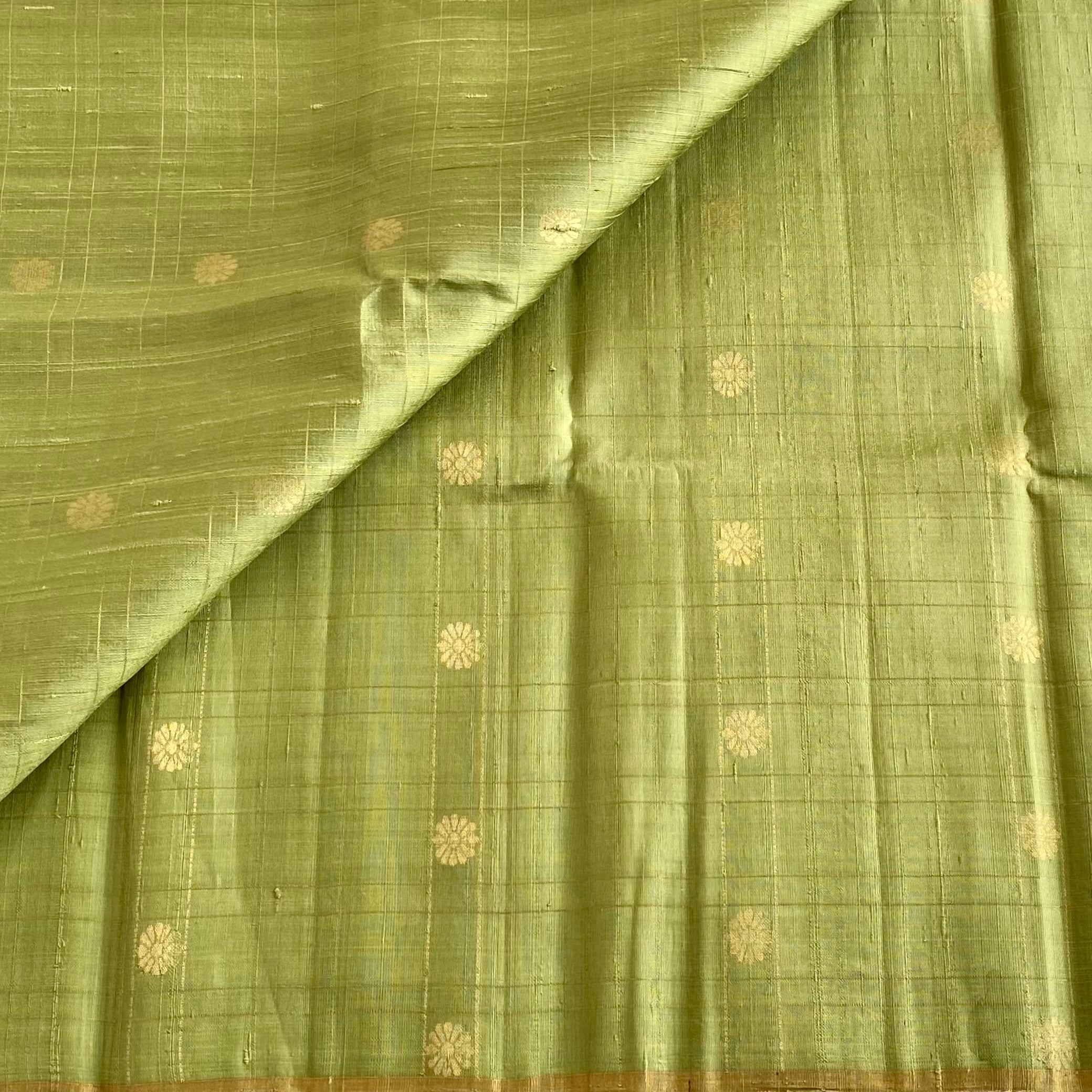 Pistachio Green And Rani Pink Designer Pure Raw Silk Saree