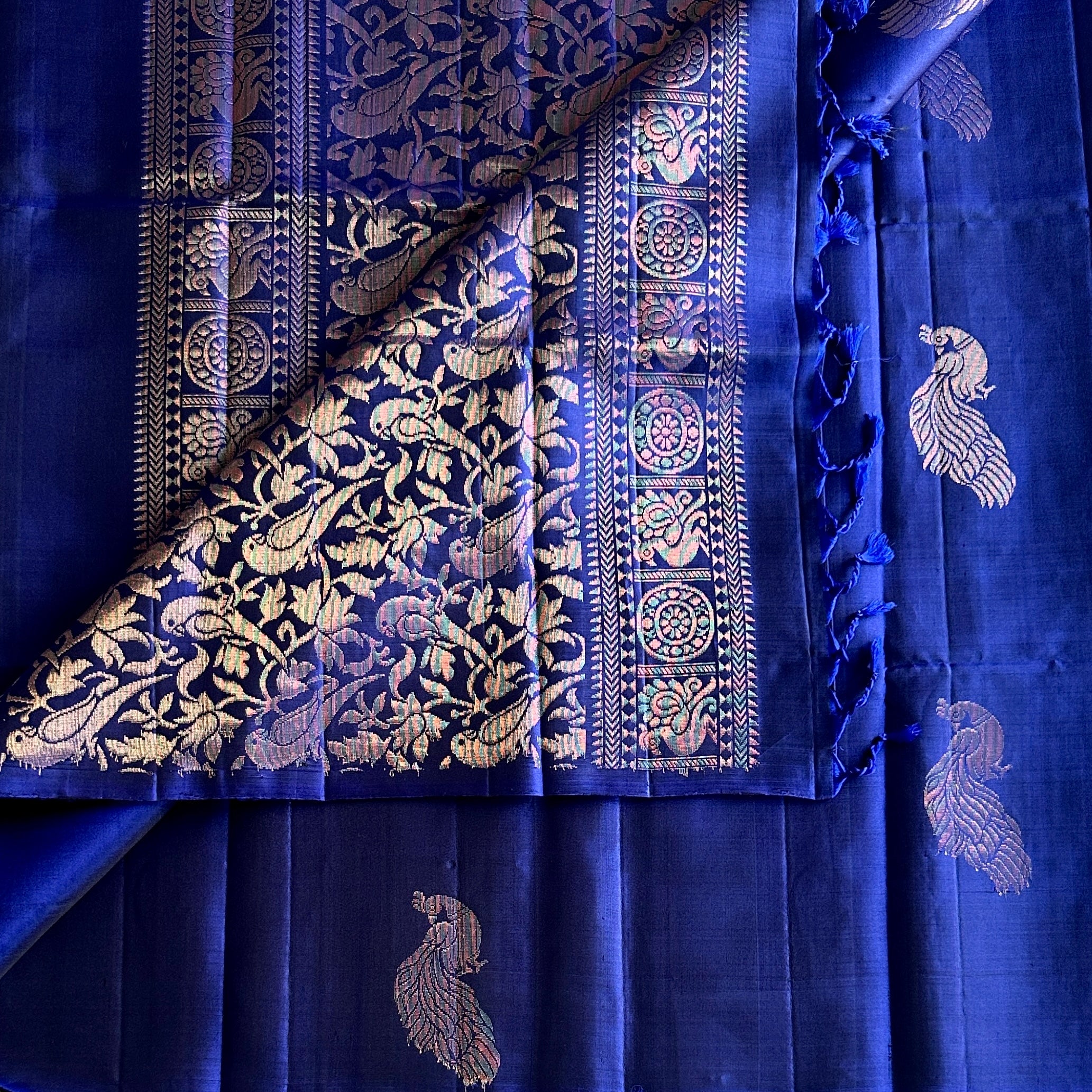 Royal Blue Silk Saree Rose Gold Zari Peacock Floral Jacquard