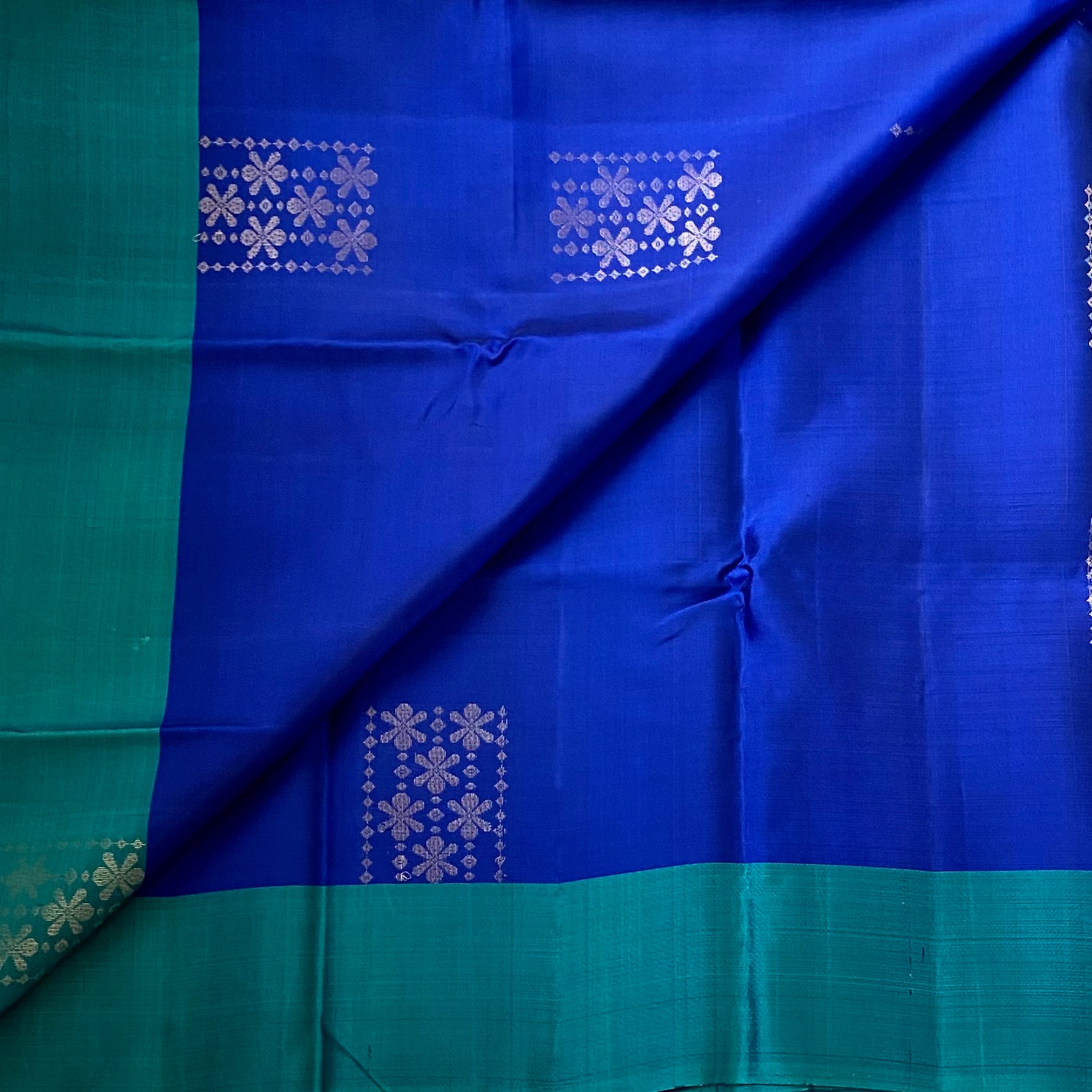 Royal Blue Teal Silk Saree Silver Zari Geometric Motif Border