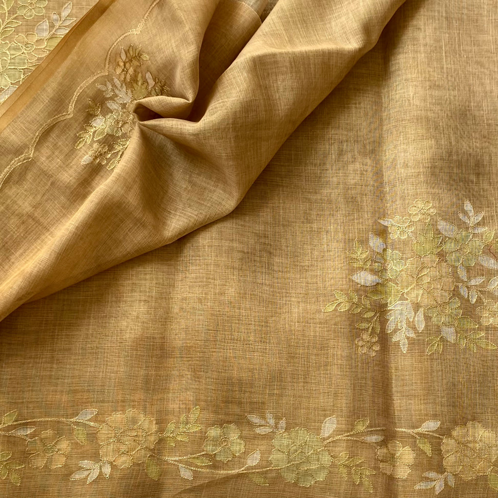 Amber Floral Embroidered Sheer Saree With Tassel Pallu For Traditional Events