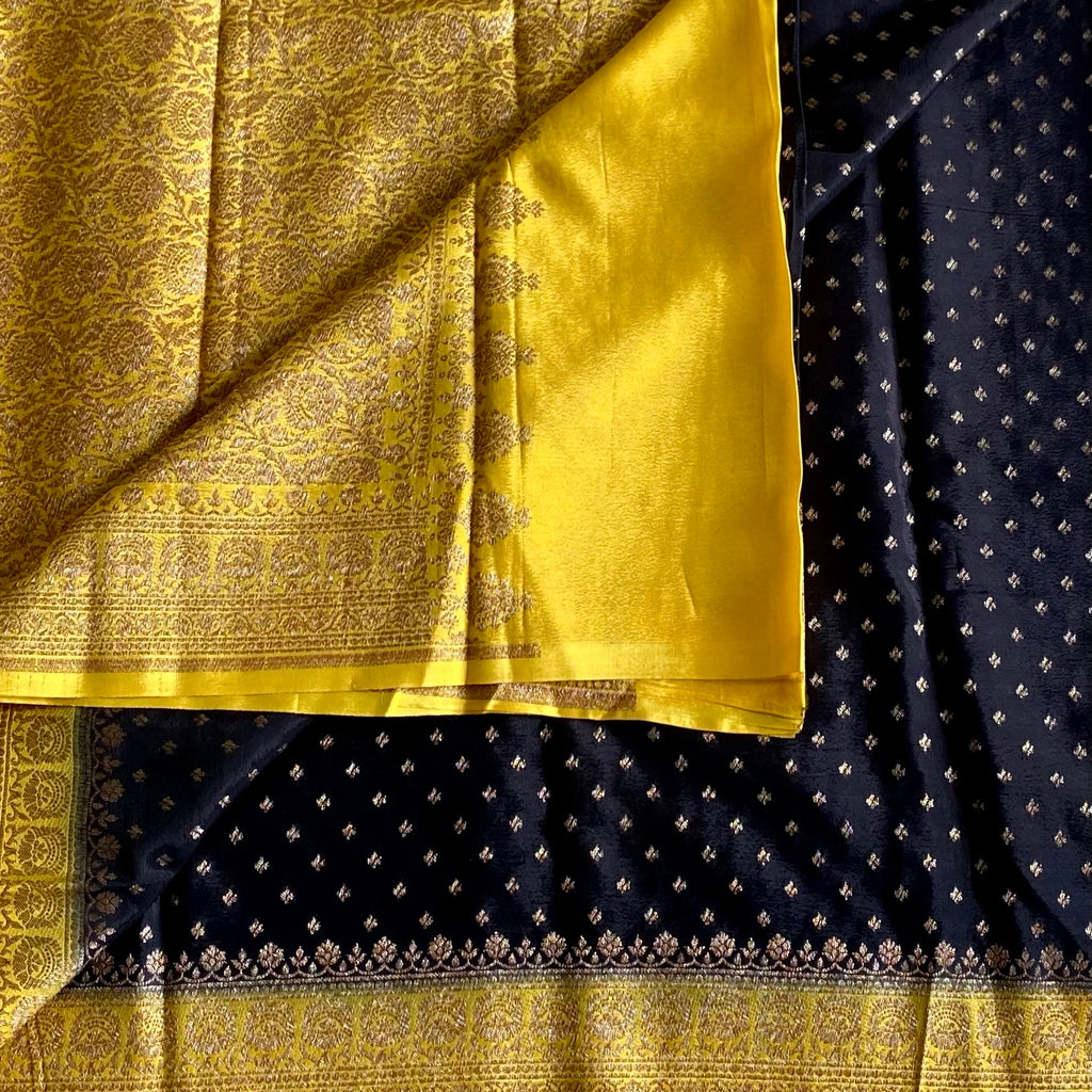 Jet Black Banarasi Crepe Silk with Golden Yellow Contrast