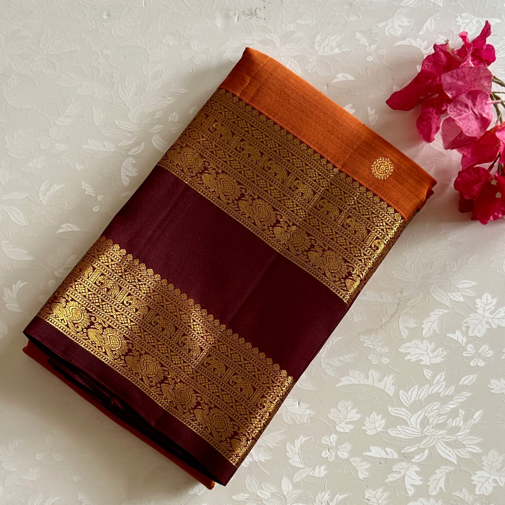 Burnt Orange Oxblood Maroon Gold Zari Traditional Wedding Elegant Saree