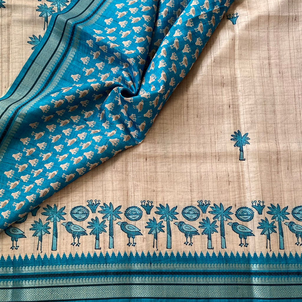 Teal Beige Bird Motif Saree With Striped Pallu And Zari Border